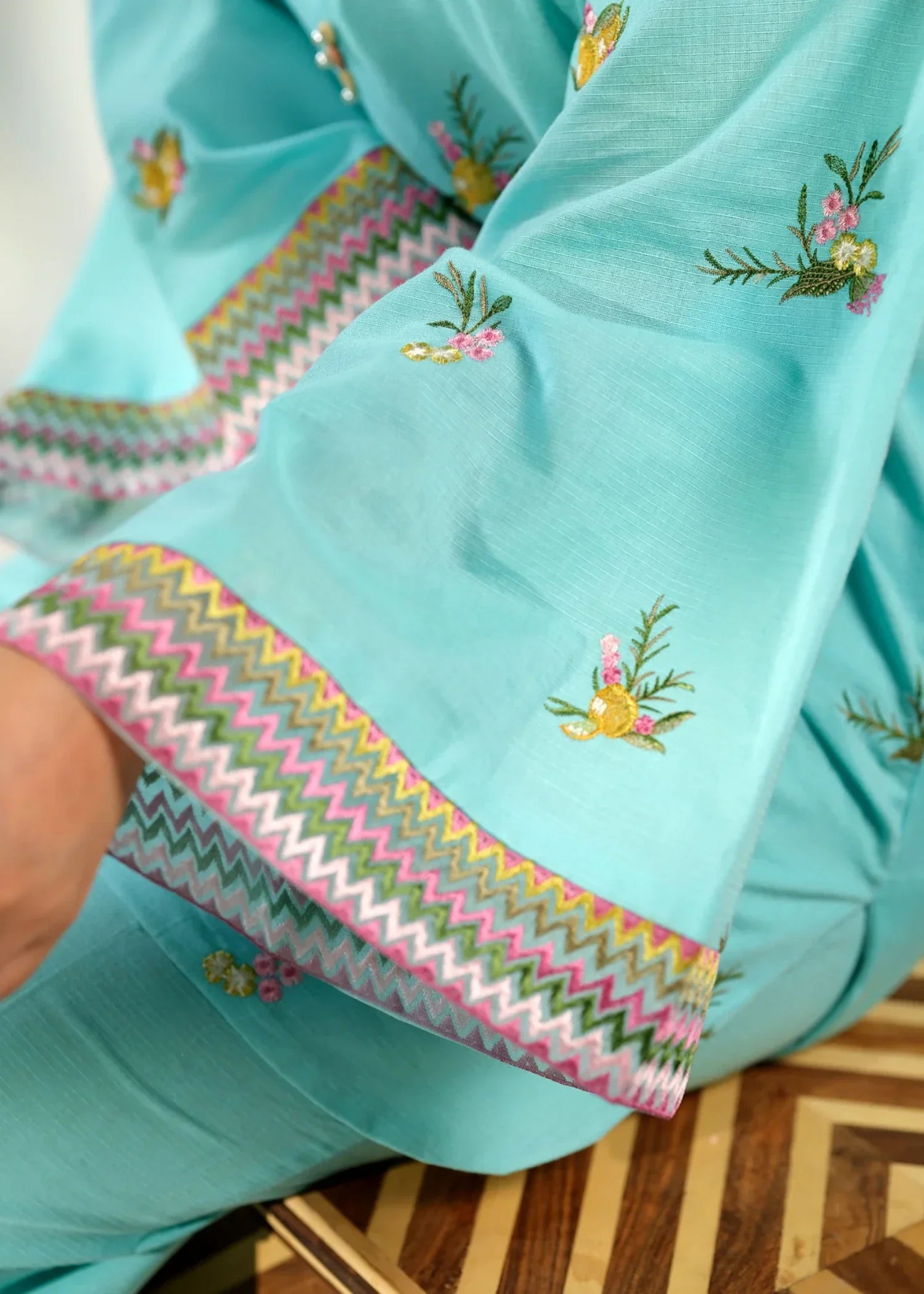 ribbed lawn Kurta Set in Aquamarine