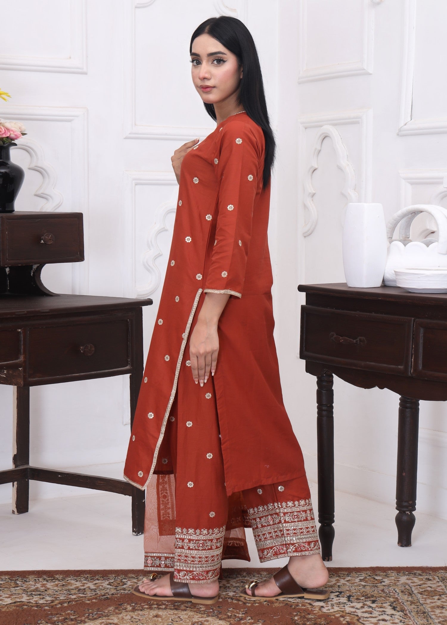 cotton Kurta Set in Copper orange