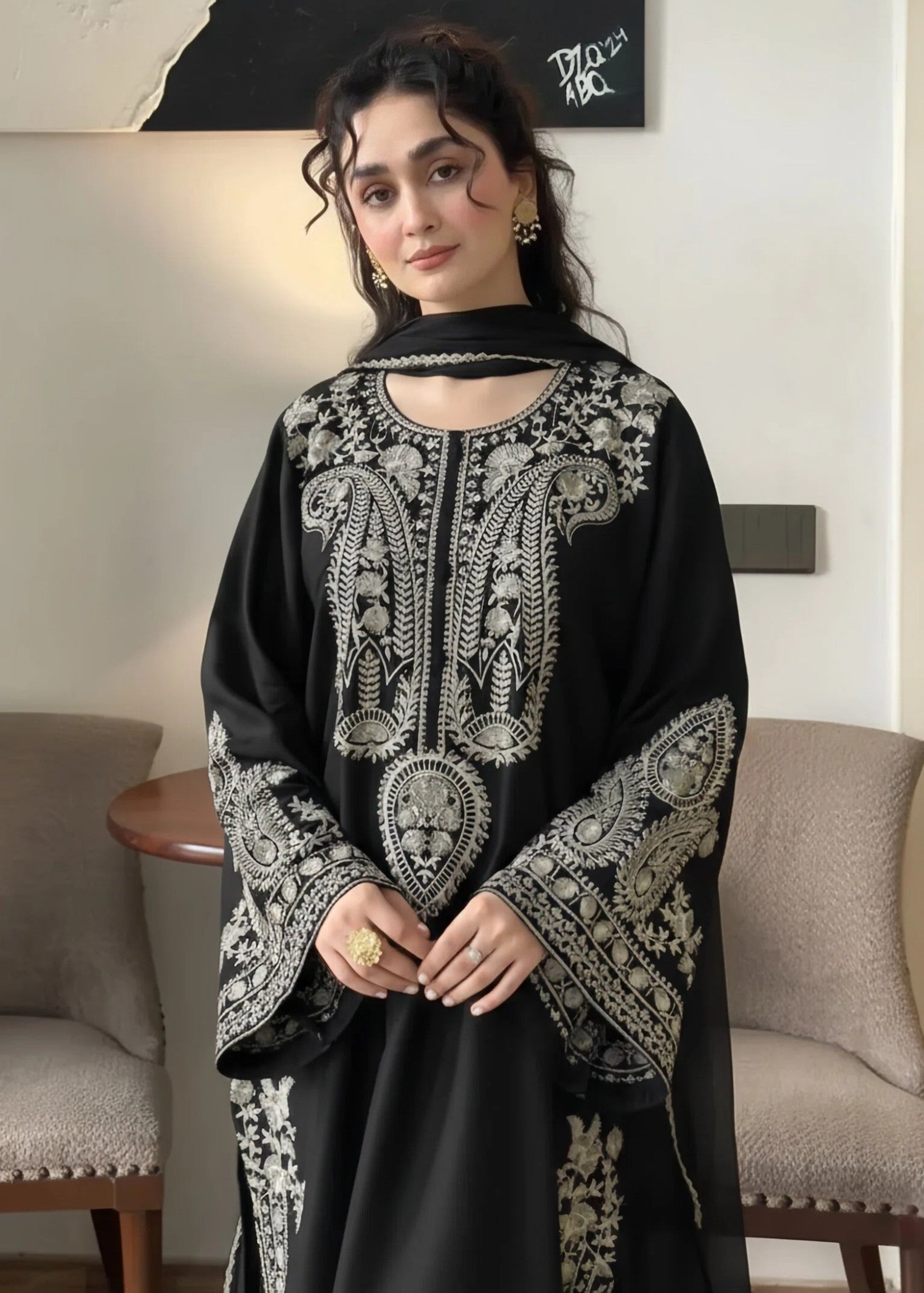 linen chambray Kurta Set in Black