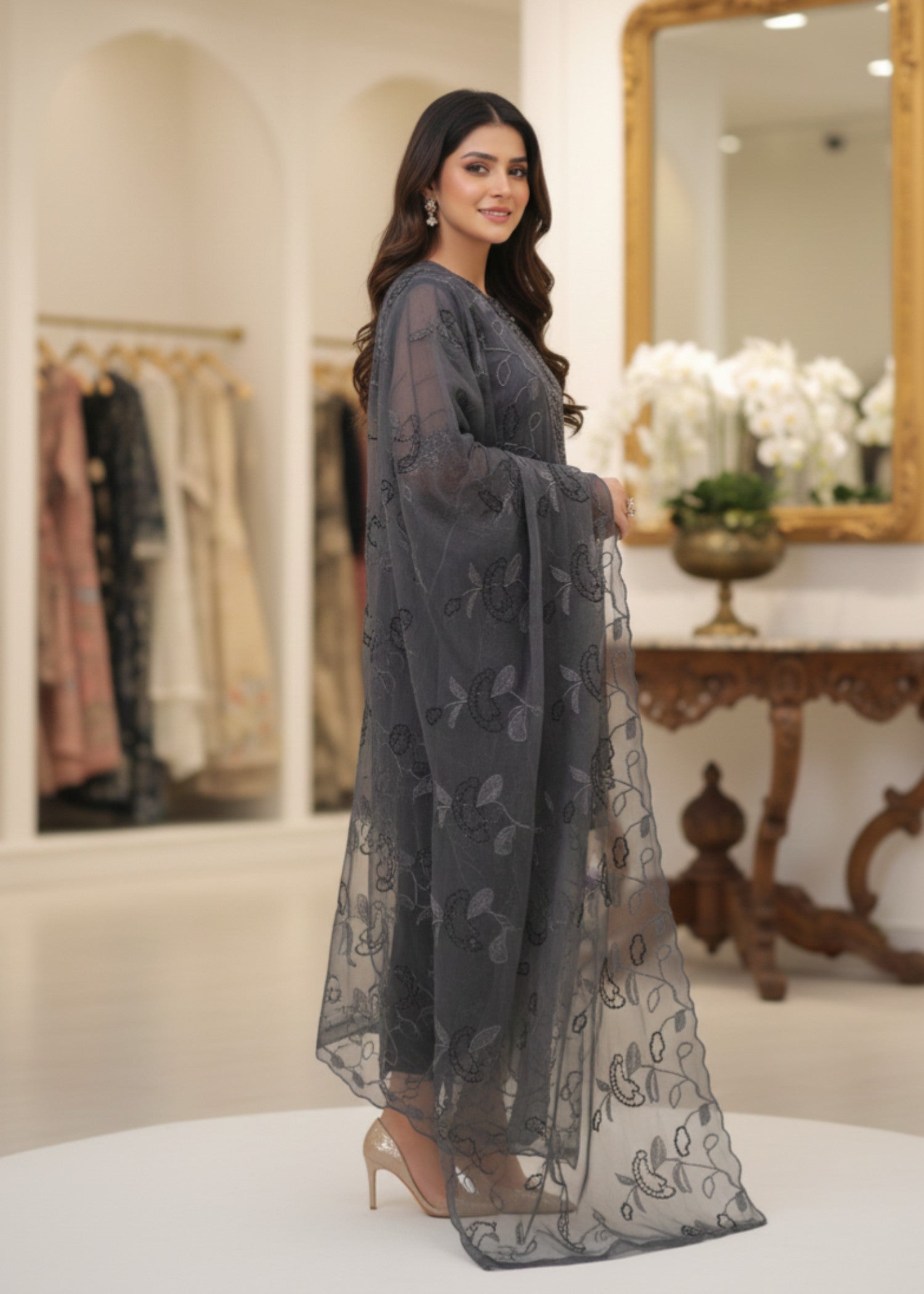 organza Short Frock in Slate grey