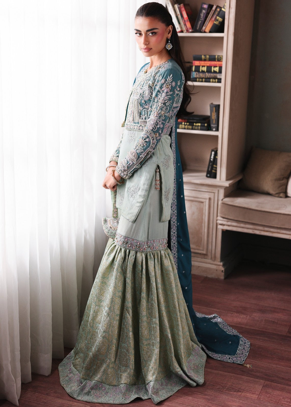 satin silk Gharara in Mint green, sea green