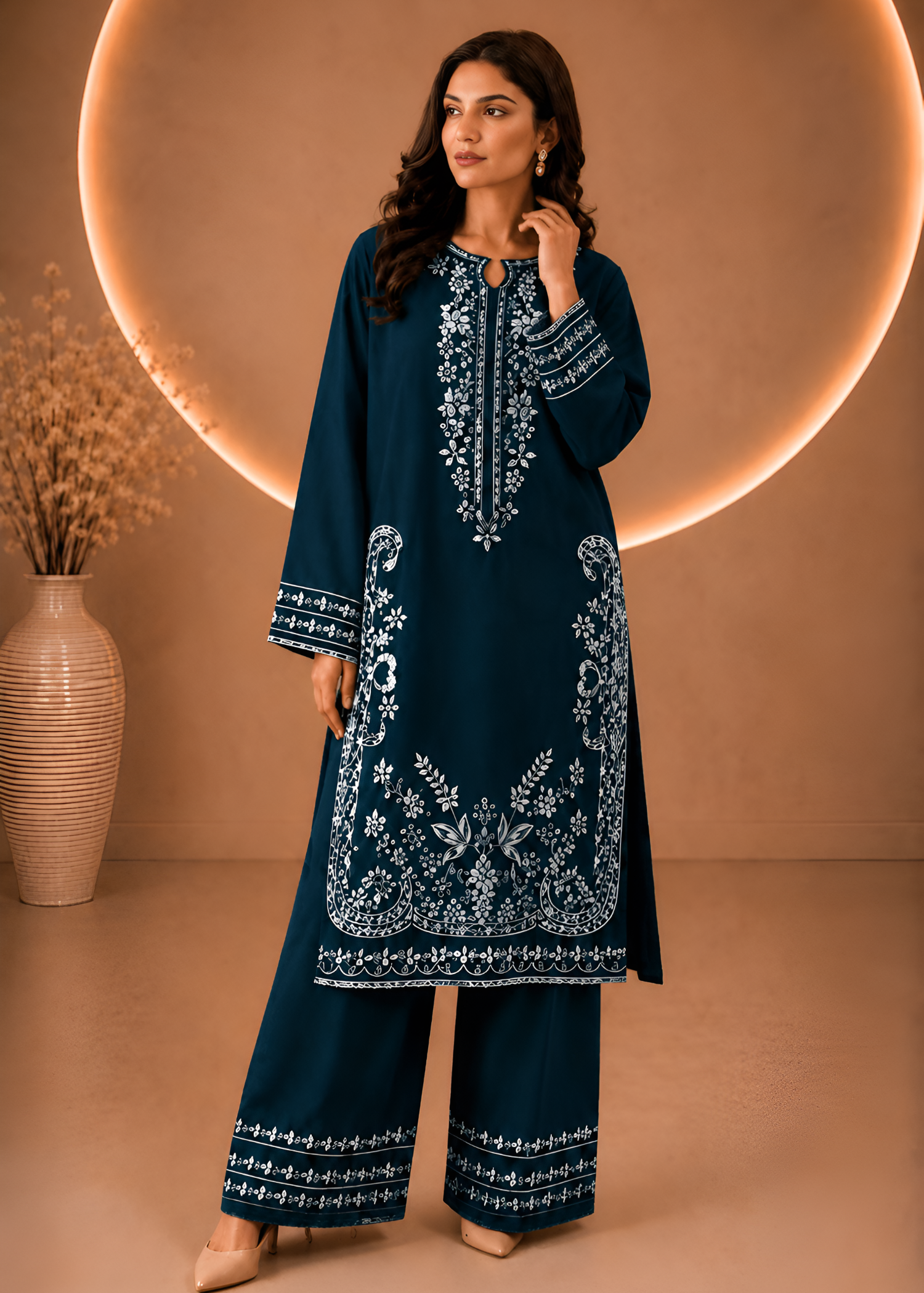 linen Kurta Set in Twilight blue
