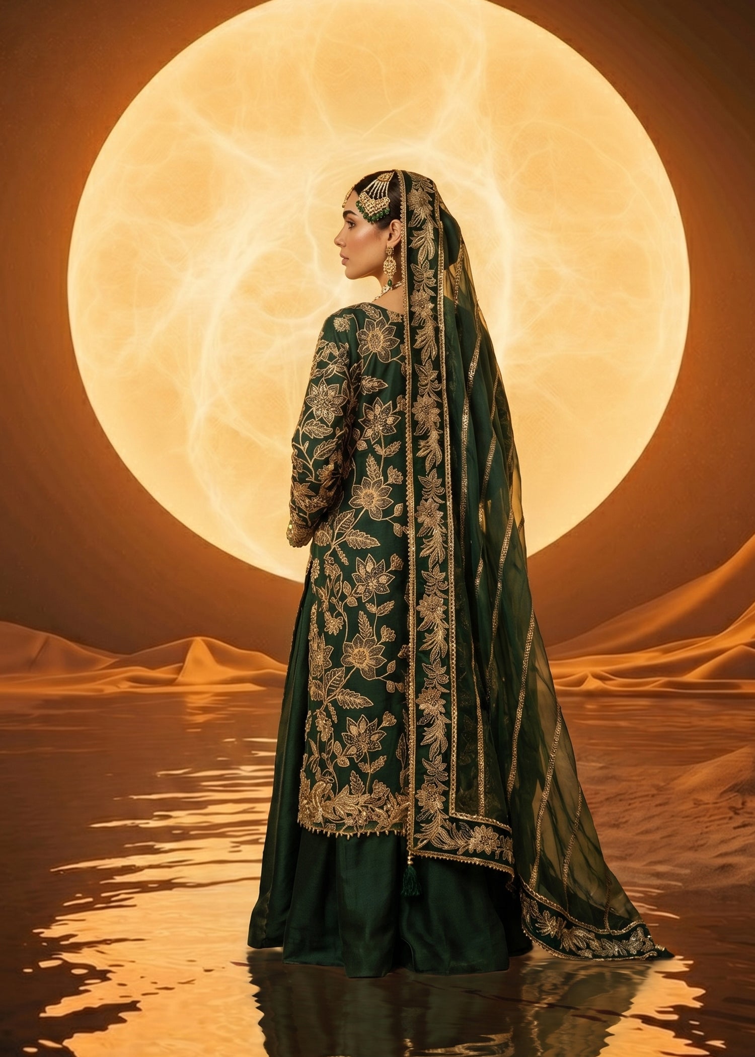 organza Lehenga in Bottle green