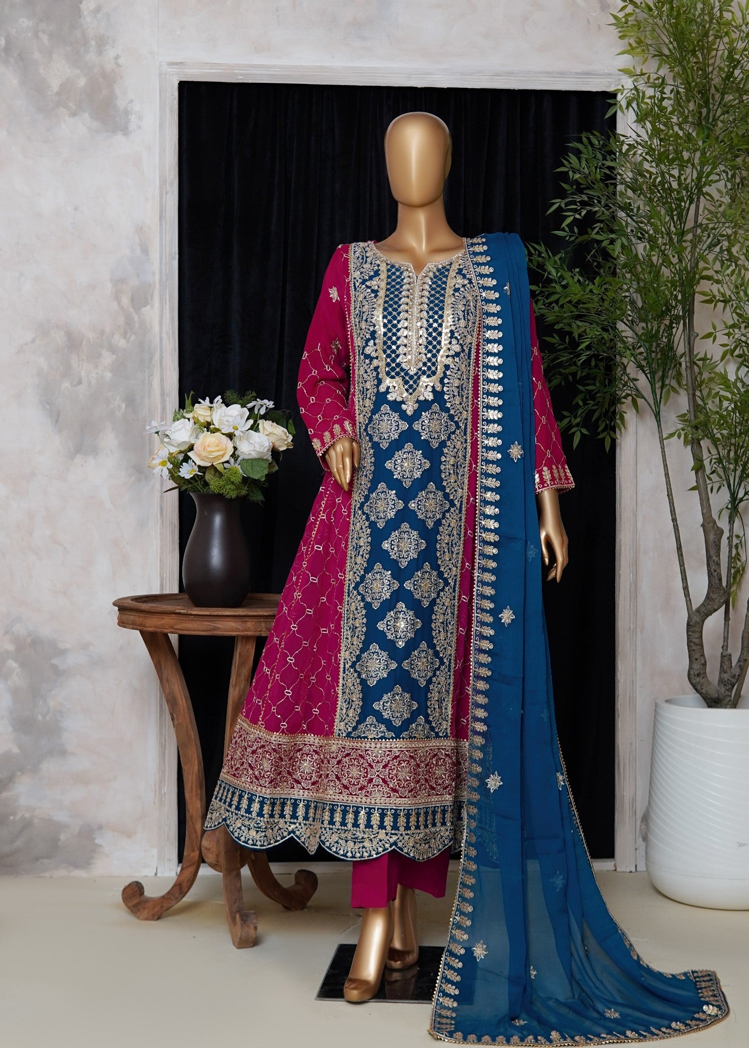 chiffon Pishwas in Sapphire blue, cherry red