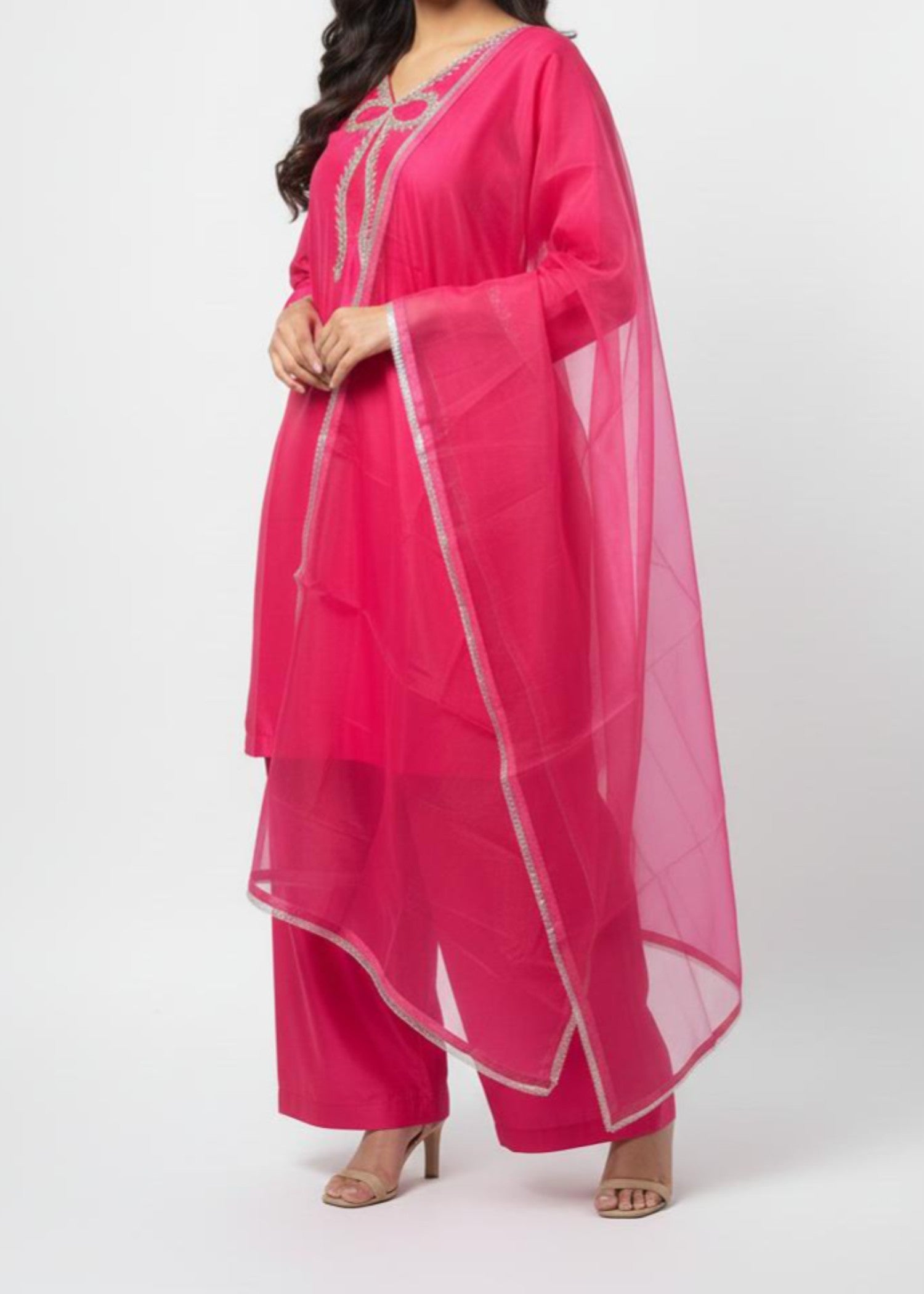 pk grip silk Kurta Set in Hot pink
