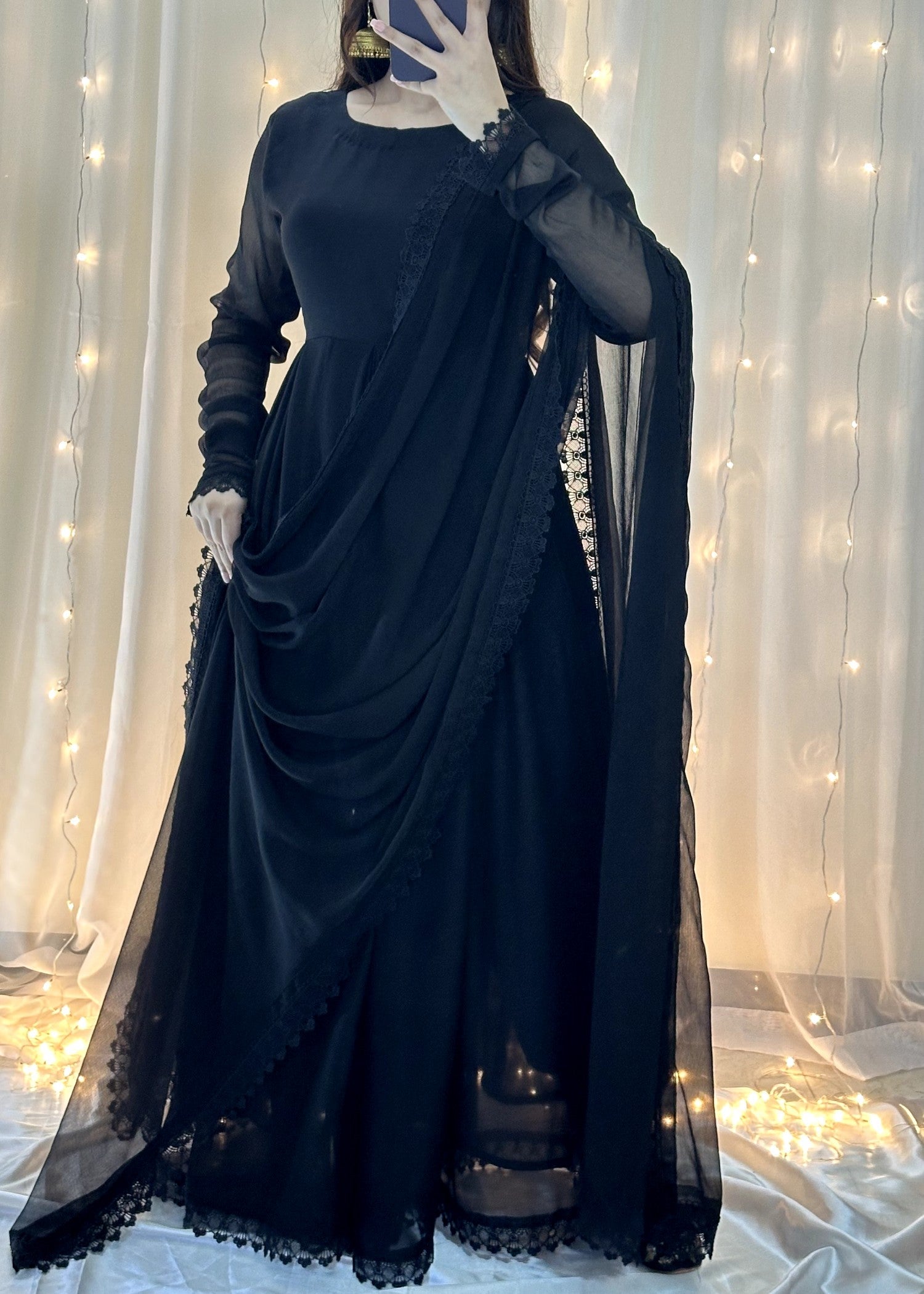 bemberg crinkle chiffon Anarkali in Black
