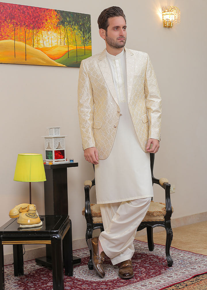 banarsi silk Prince Coat in Pearl white