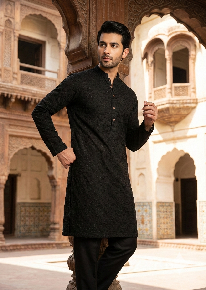 chikankari cotton Kurta in Black