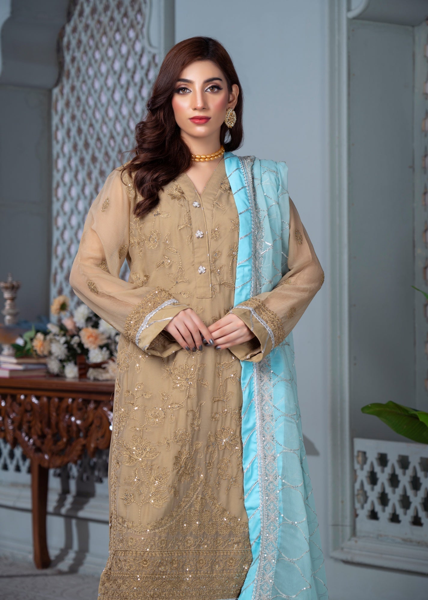 chiffon Kurta Set in Sand brown