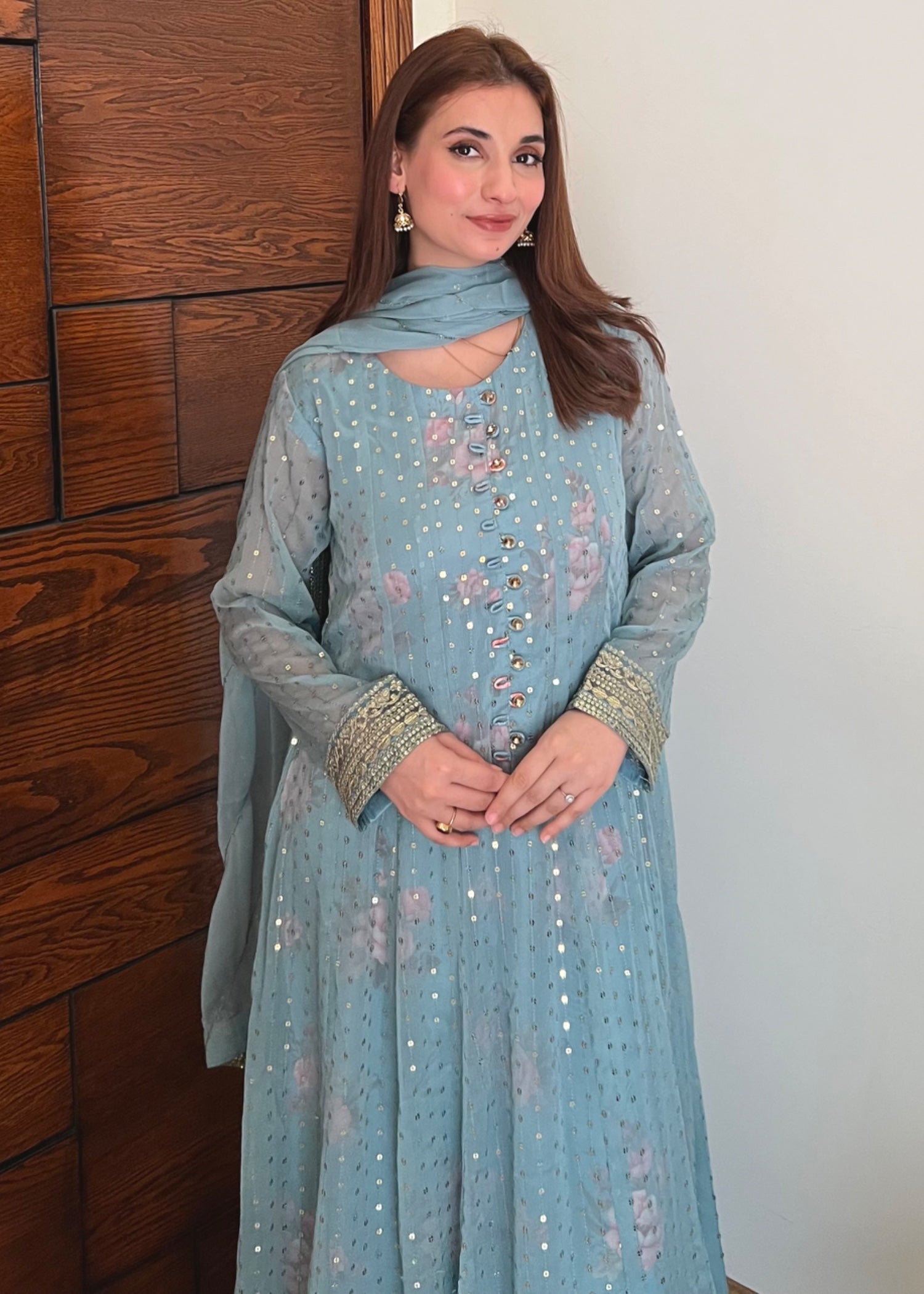 chiffon Pishwas in Ice blue