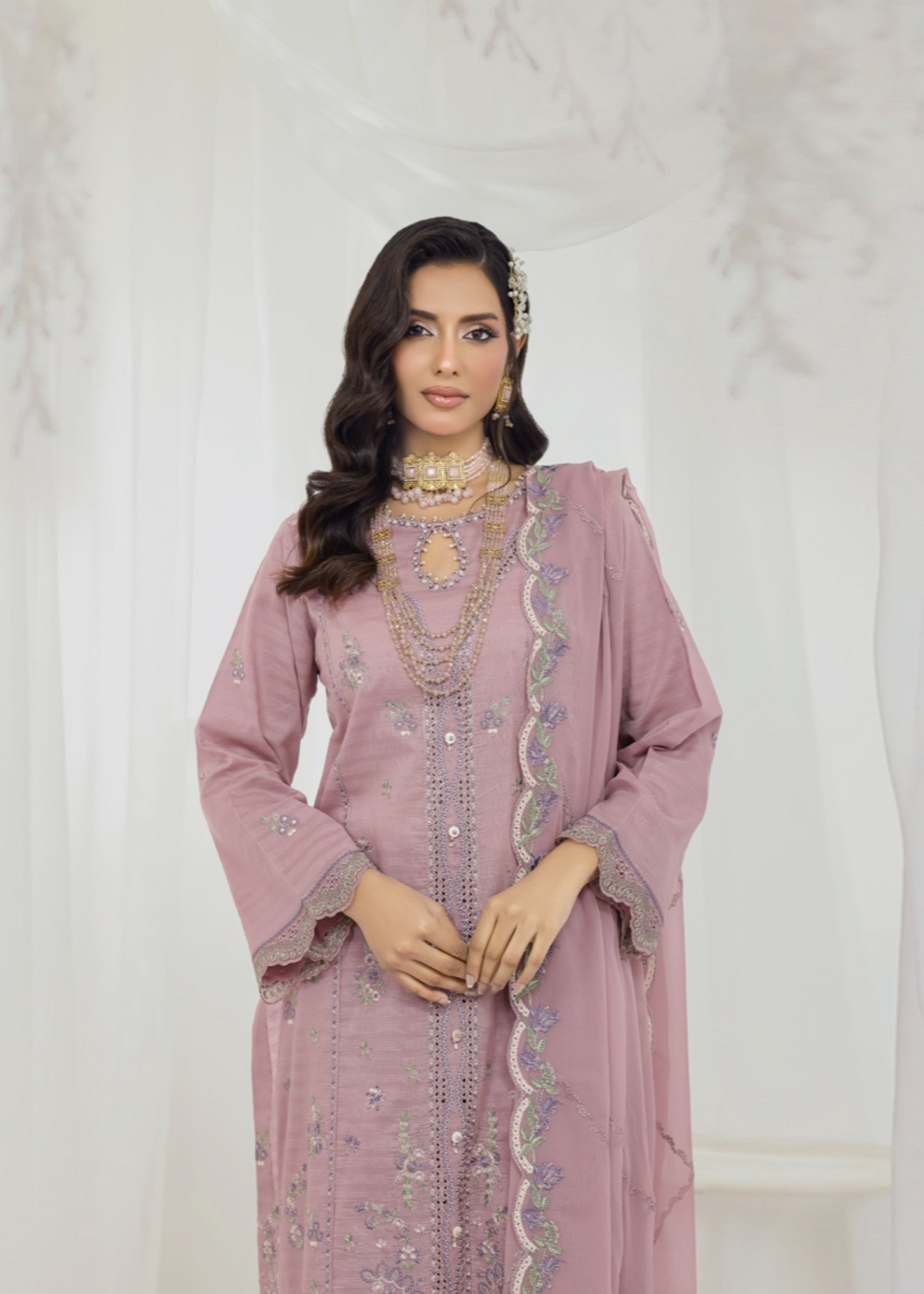 slub cambric Kurta Set in Mauve pink