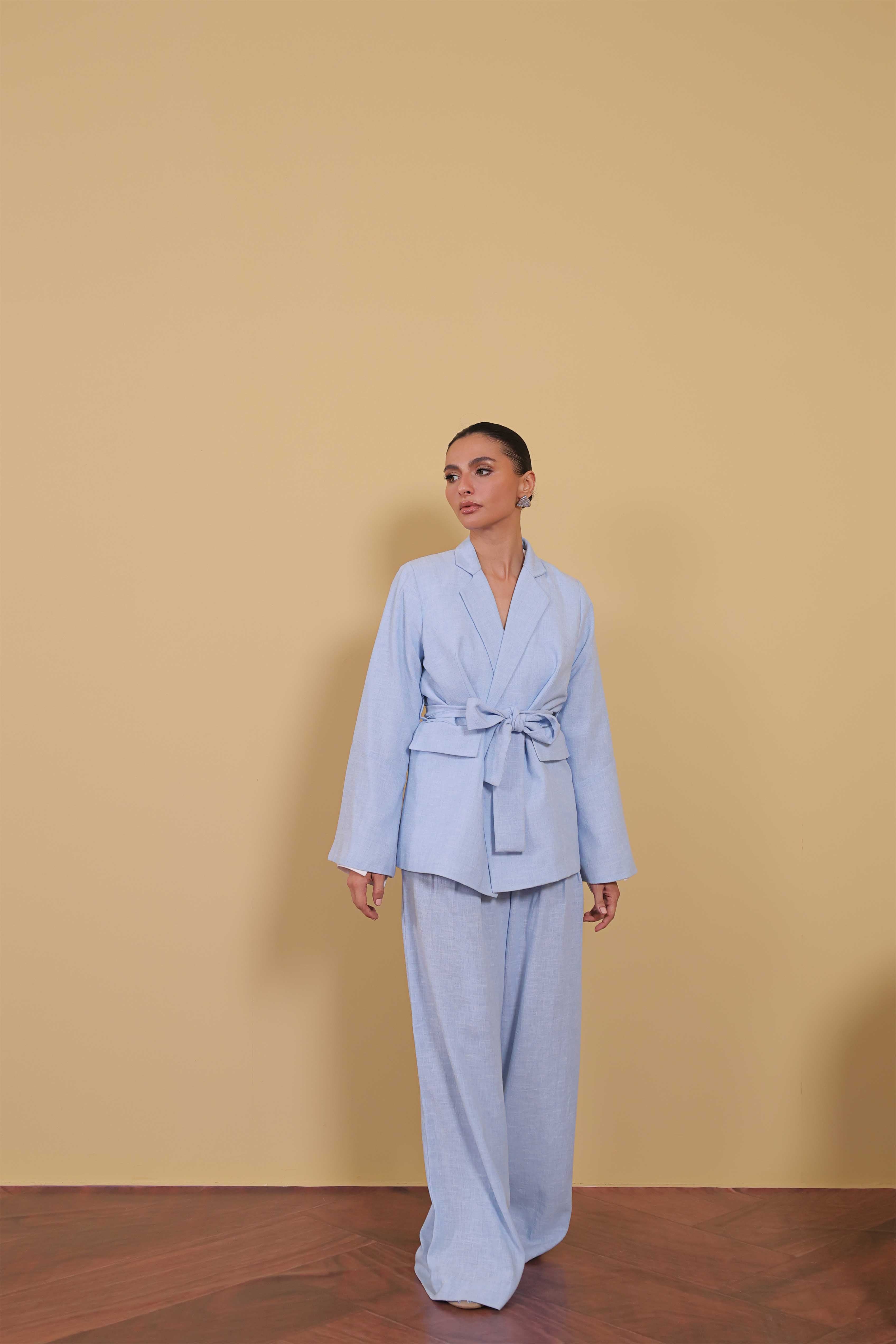 blended linen Pants in Powder blue
