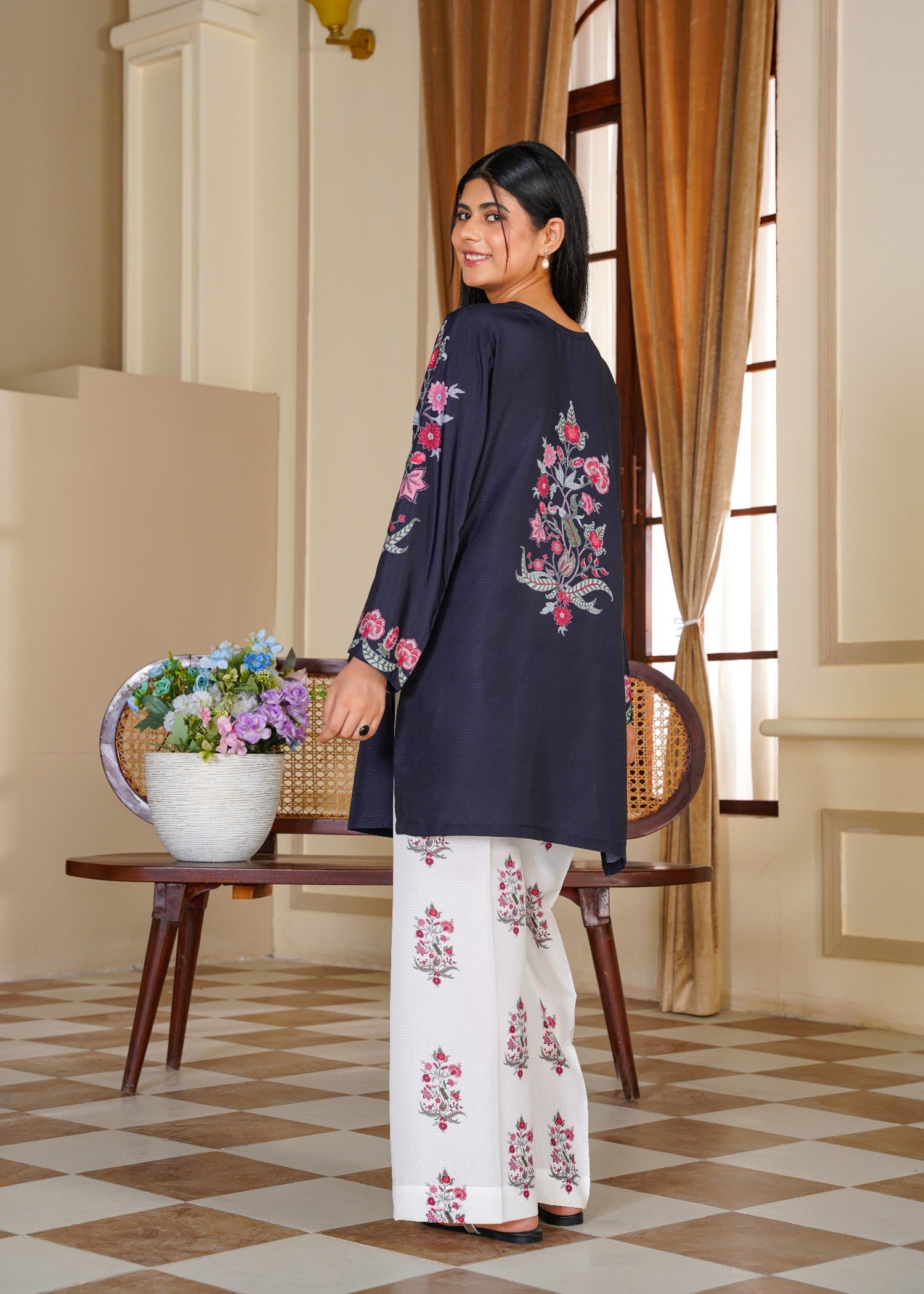 slub cambric Kurta Set in White