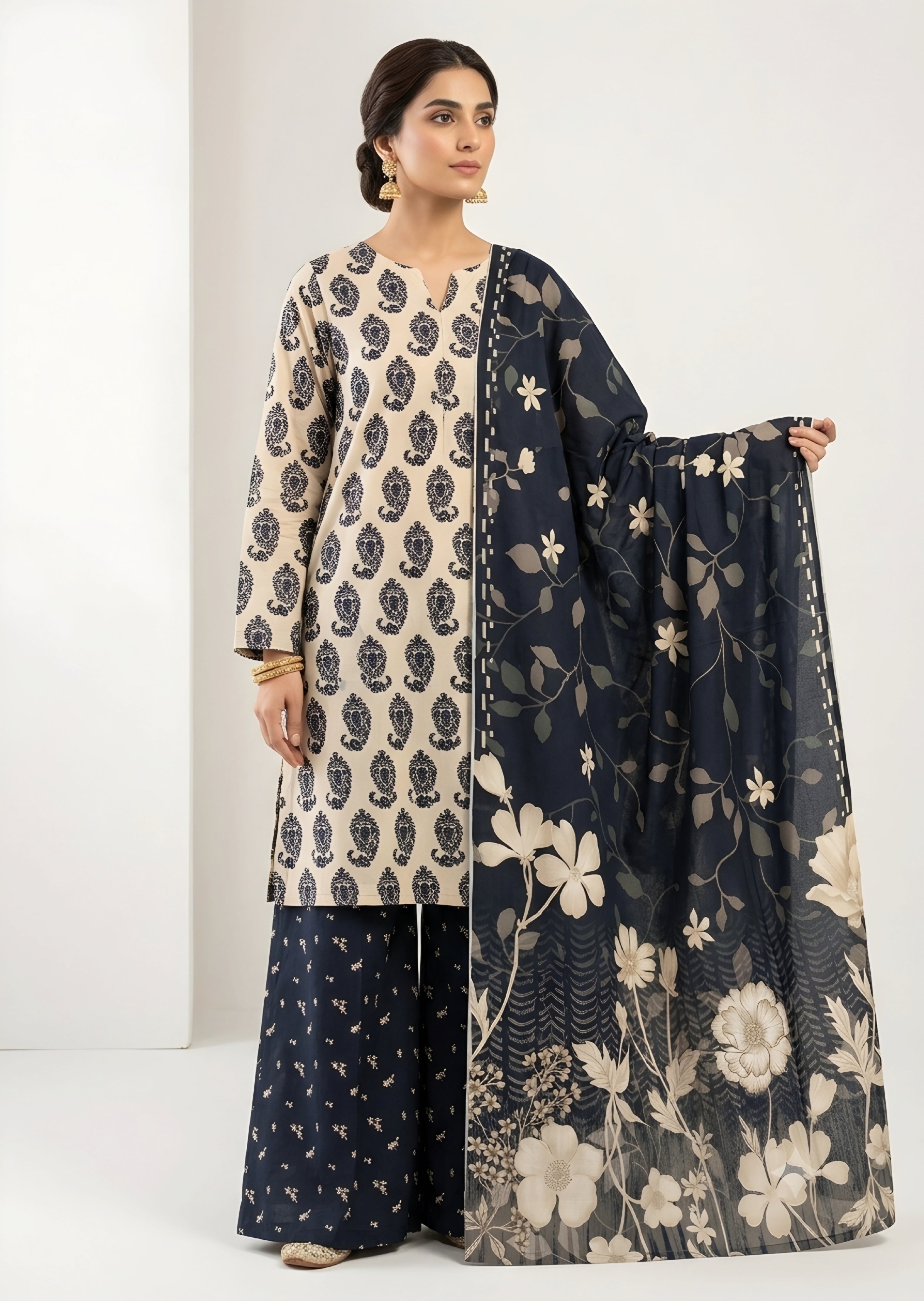 slub linen Unstitched in Charcoal black, ivory