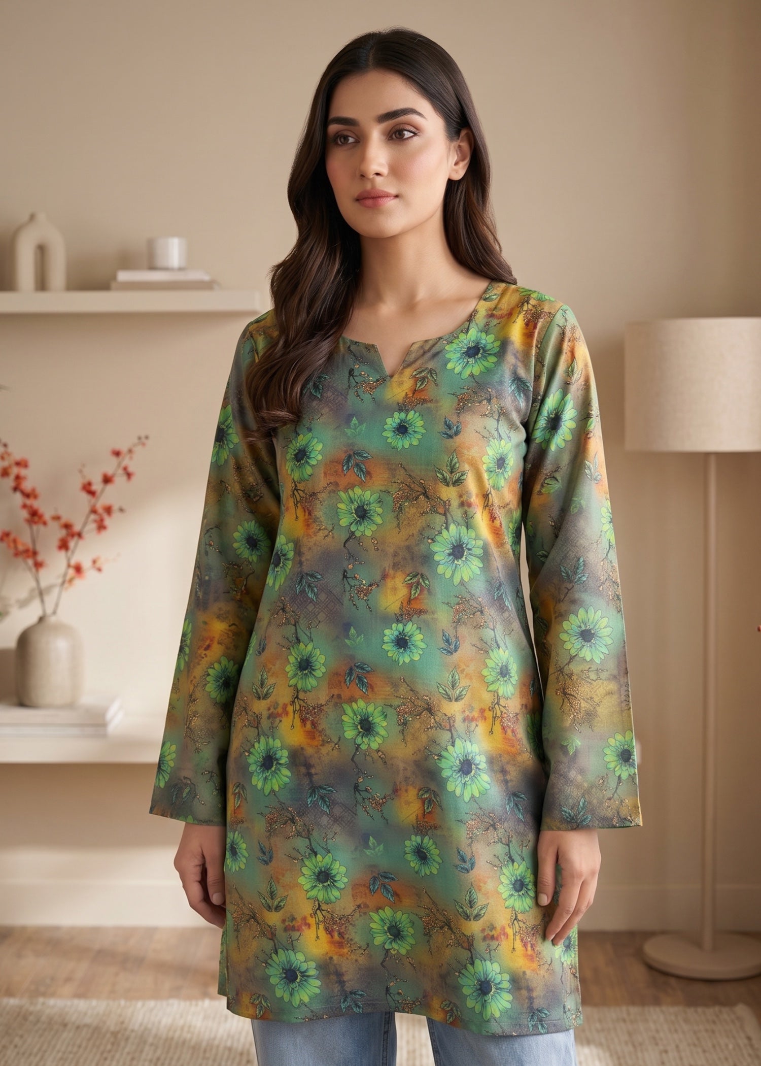 lawn cotton Kurti in Olive green