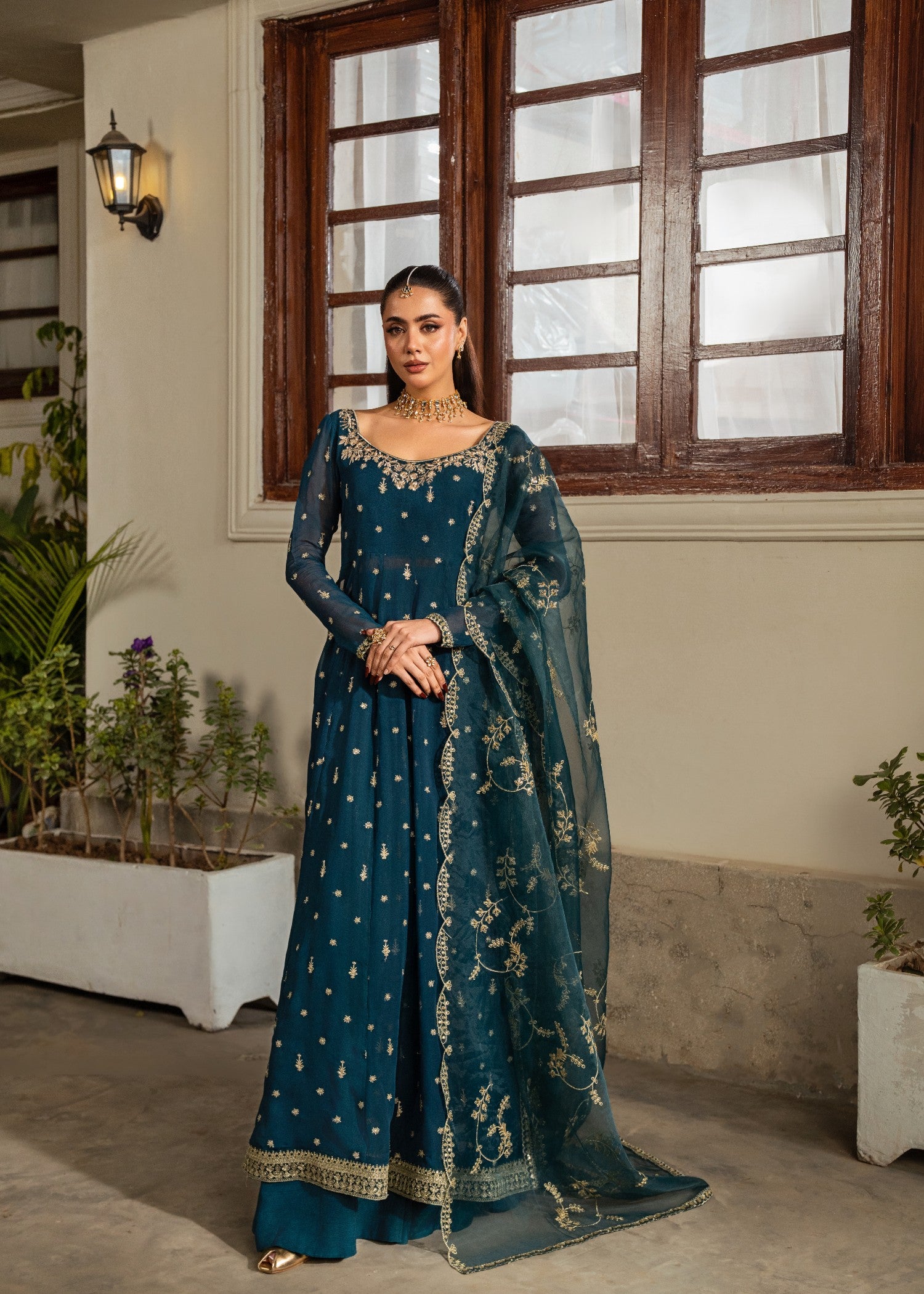 chiffon Pishwas in Bottle green