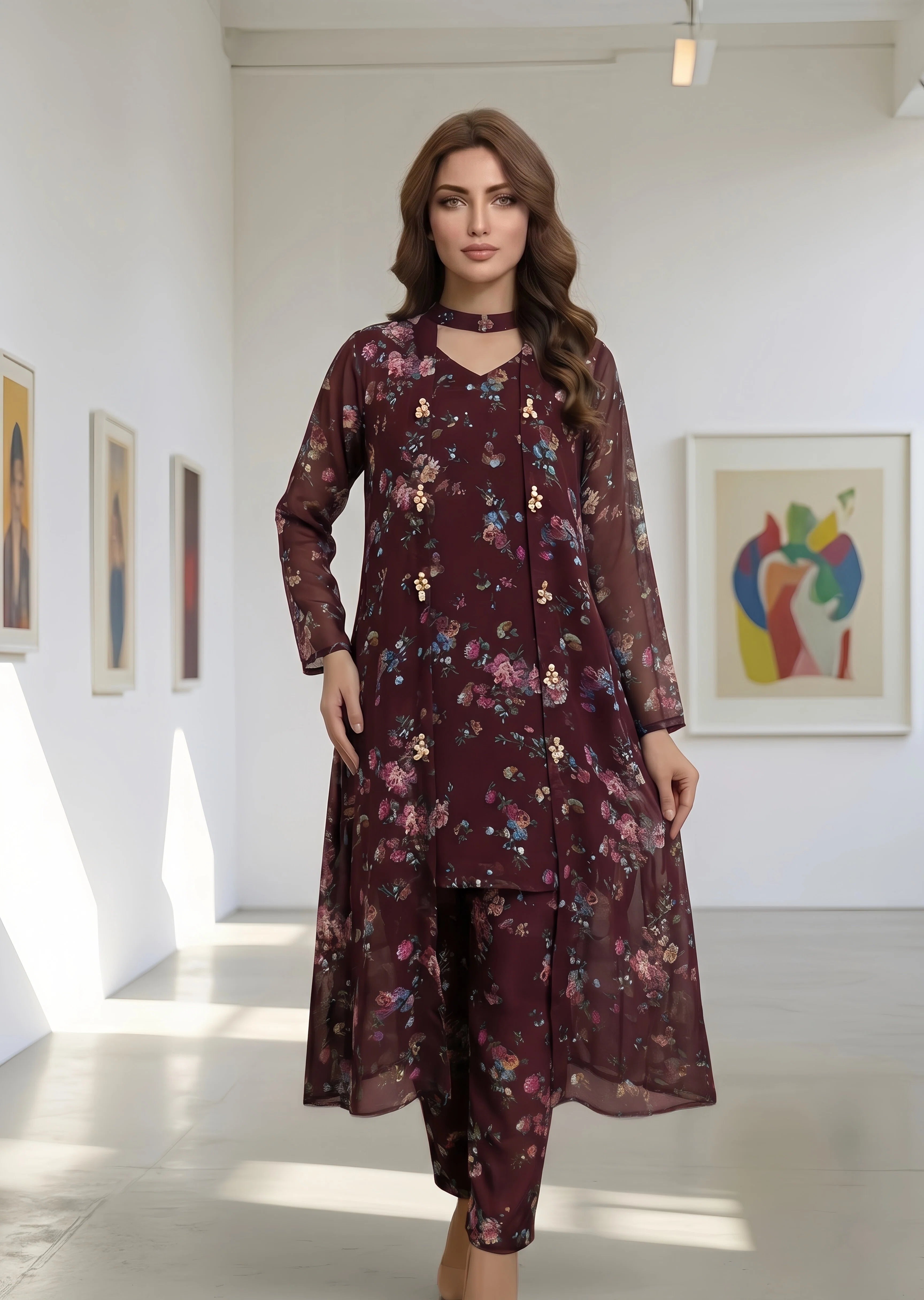 chiffon Gown in Maroon