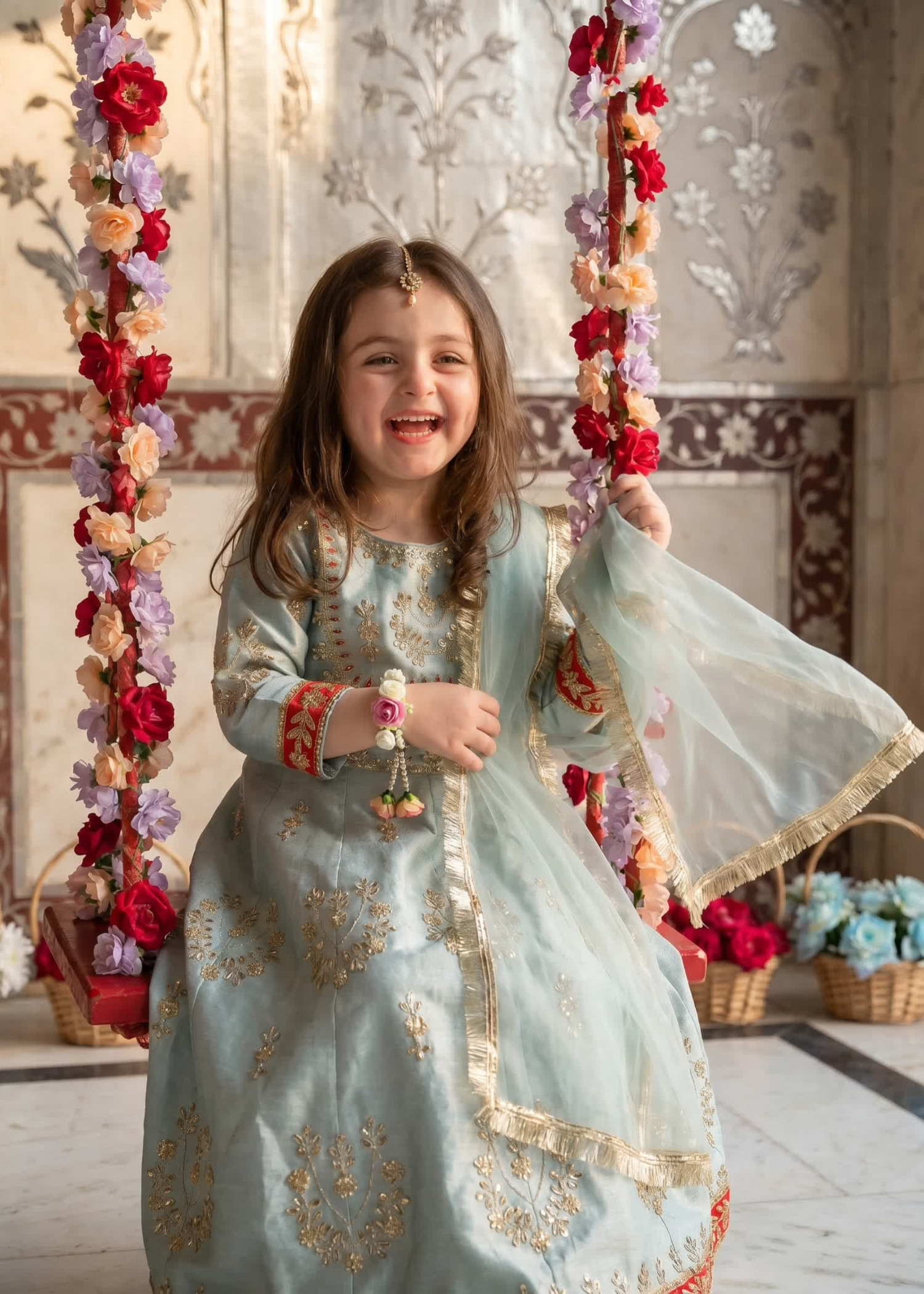 indian raw silk Lehenga in Ice blue