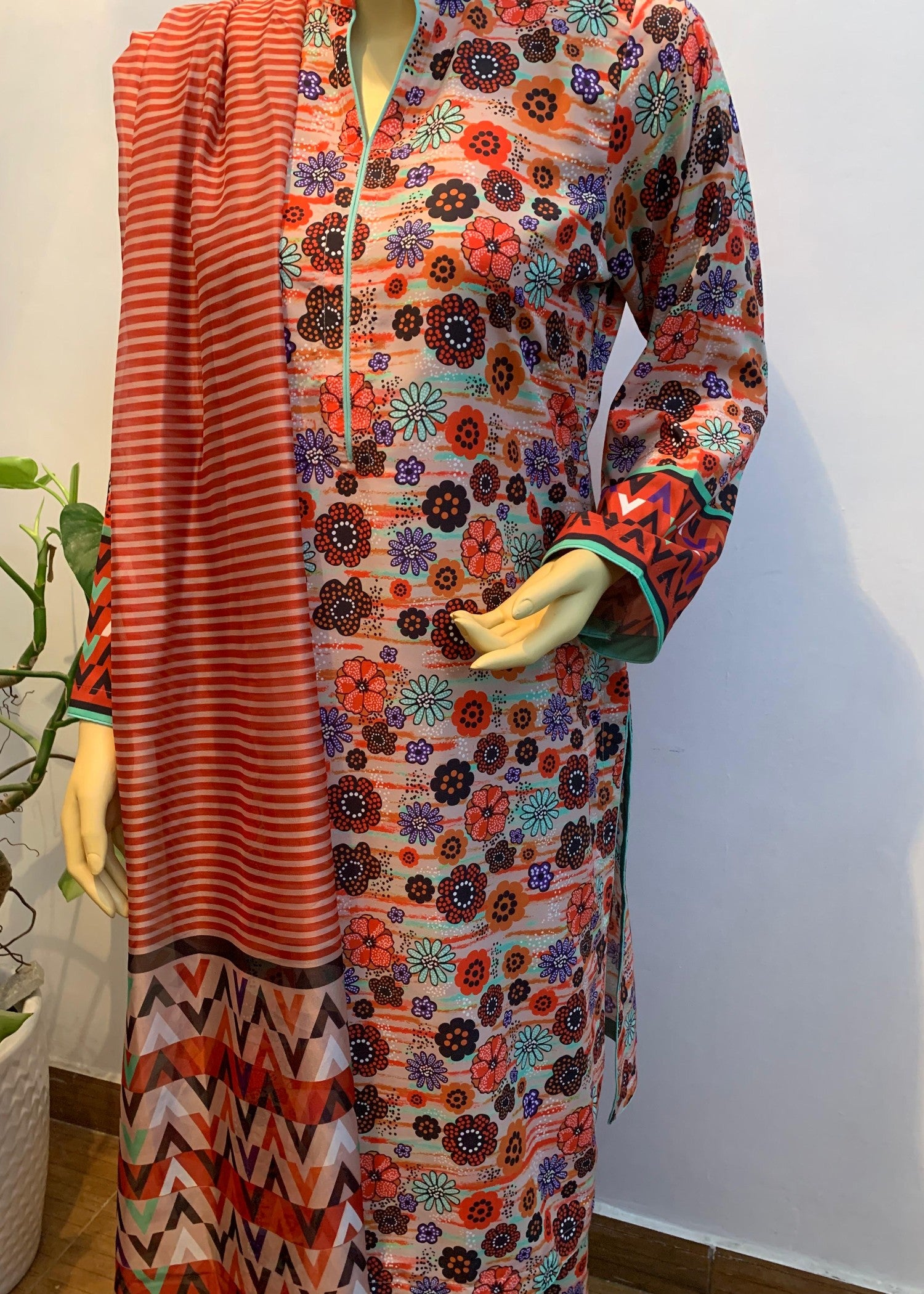 arabic lawn Unstitched in Peach pink, caramel brown