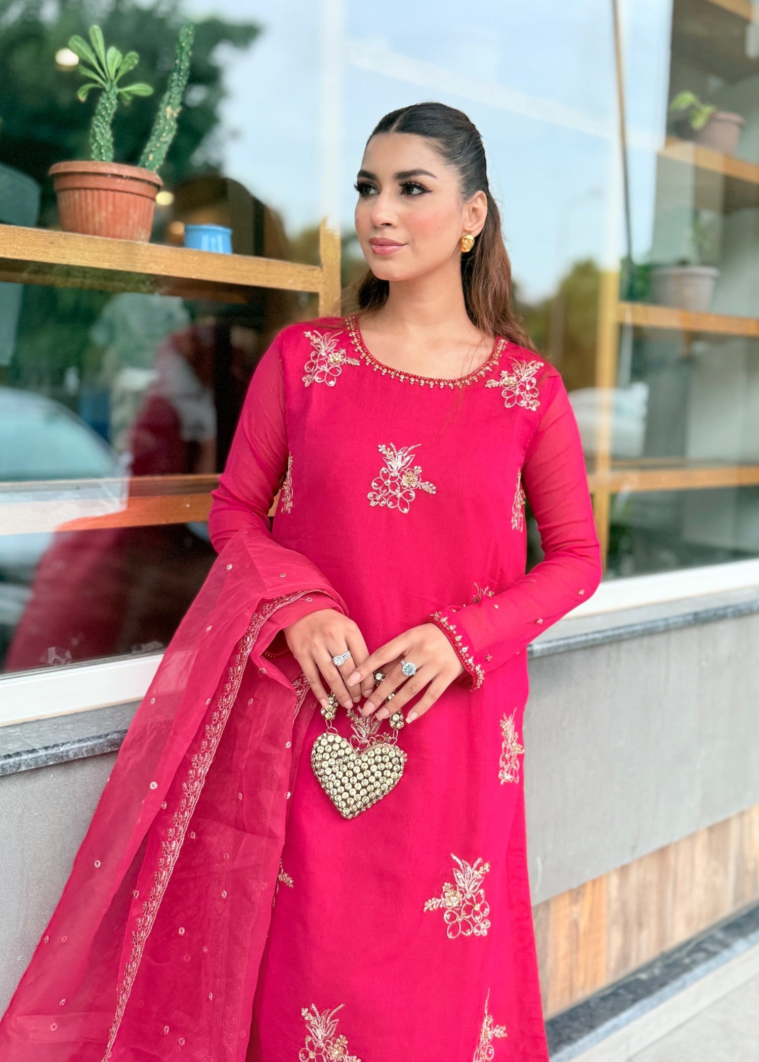 chiffon Kurta Set in Raspberry pink