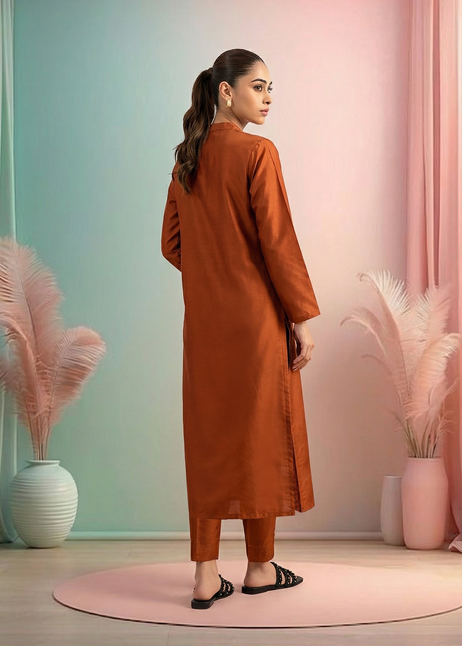 slub lawn Kurta Set in Orange