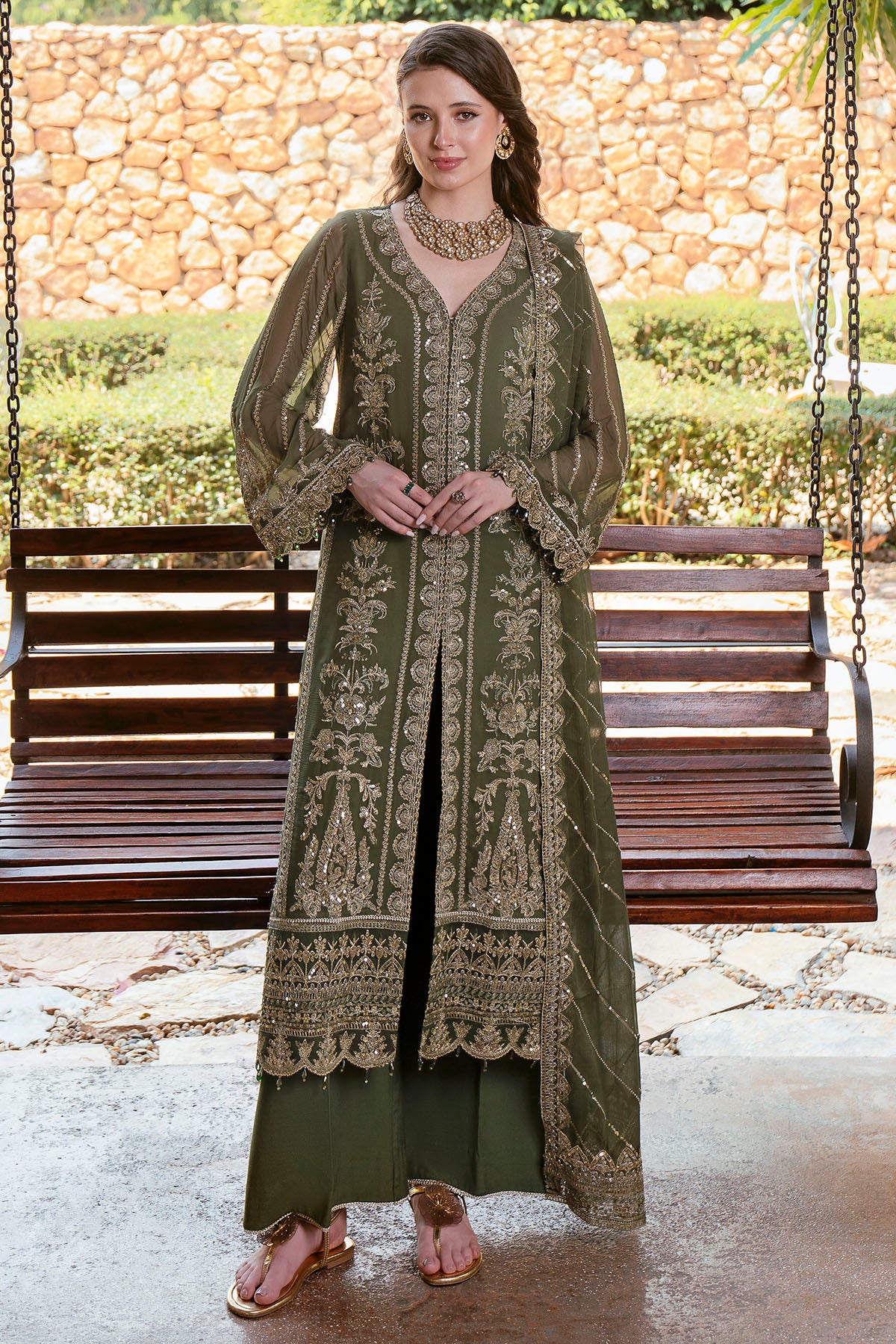 crinkle chiffon Kurta Set in Olive green