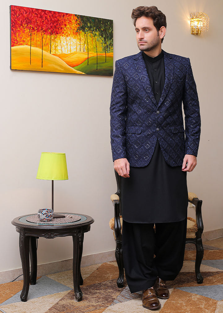 banarsi silk Prince Coat in Navy blue