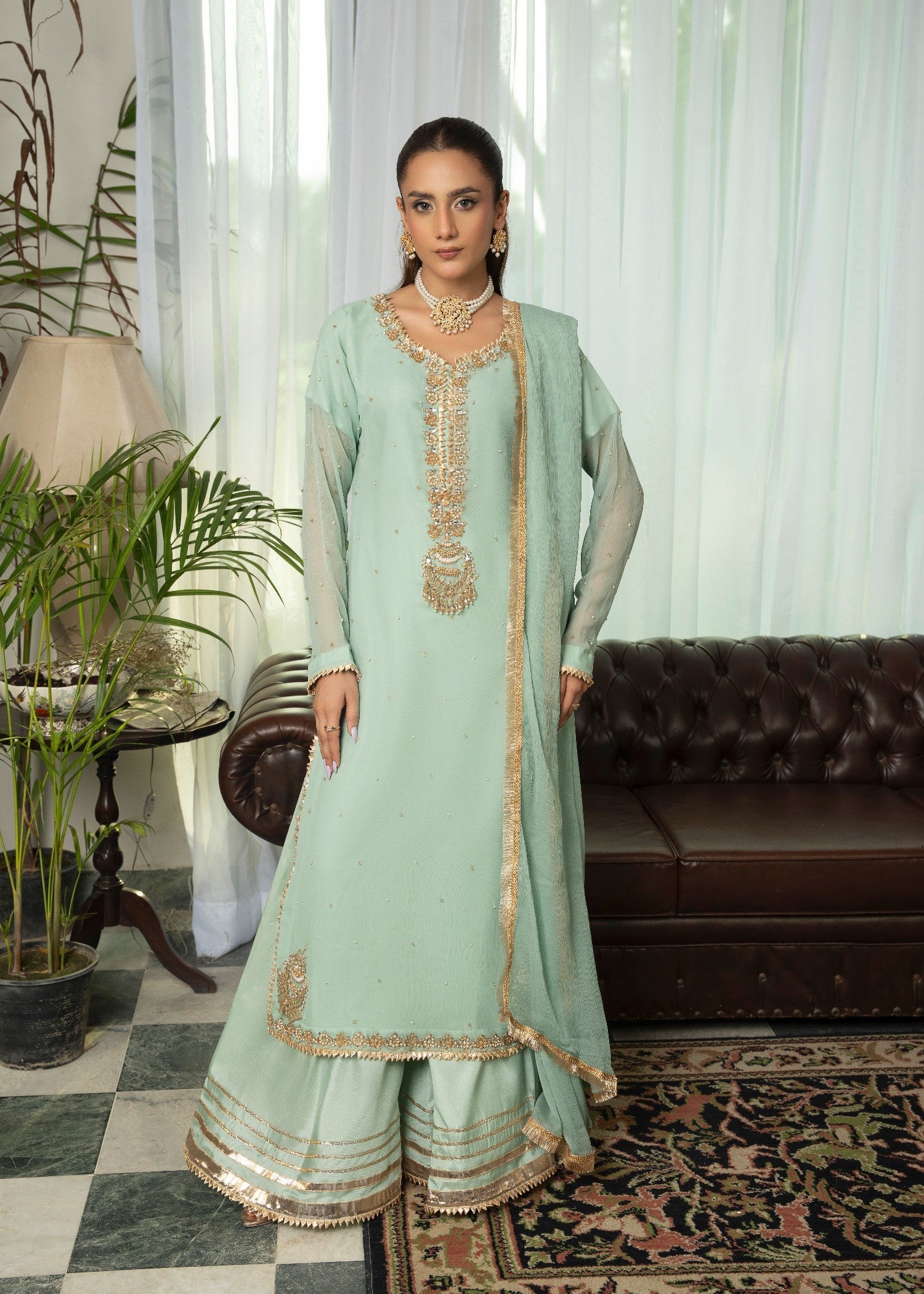 chiffon Kurta Set in Tea green