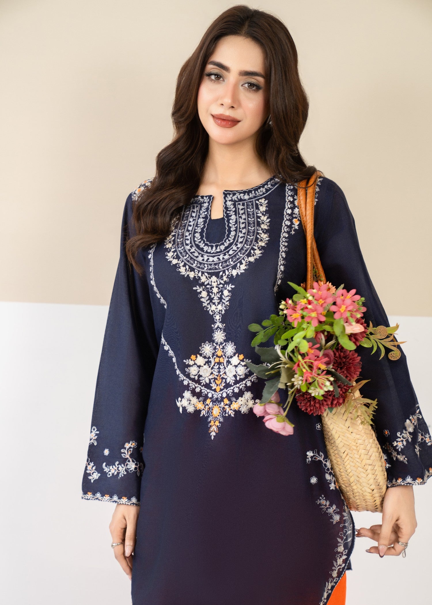 lawn Kurta Set in Orange, navy blue