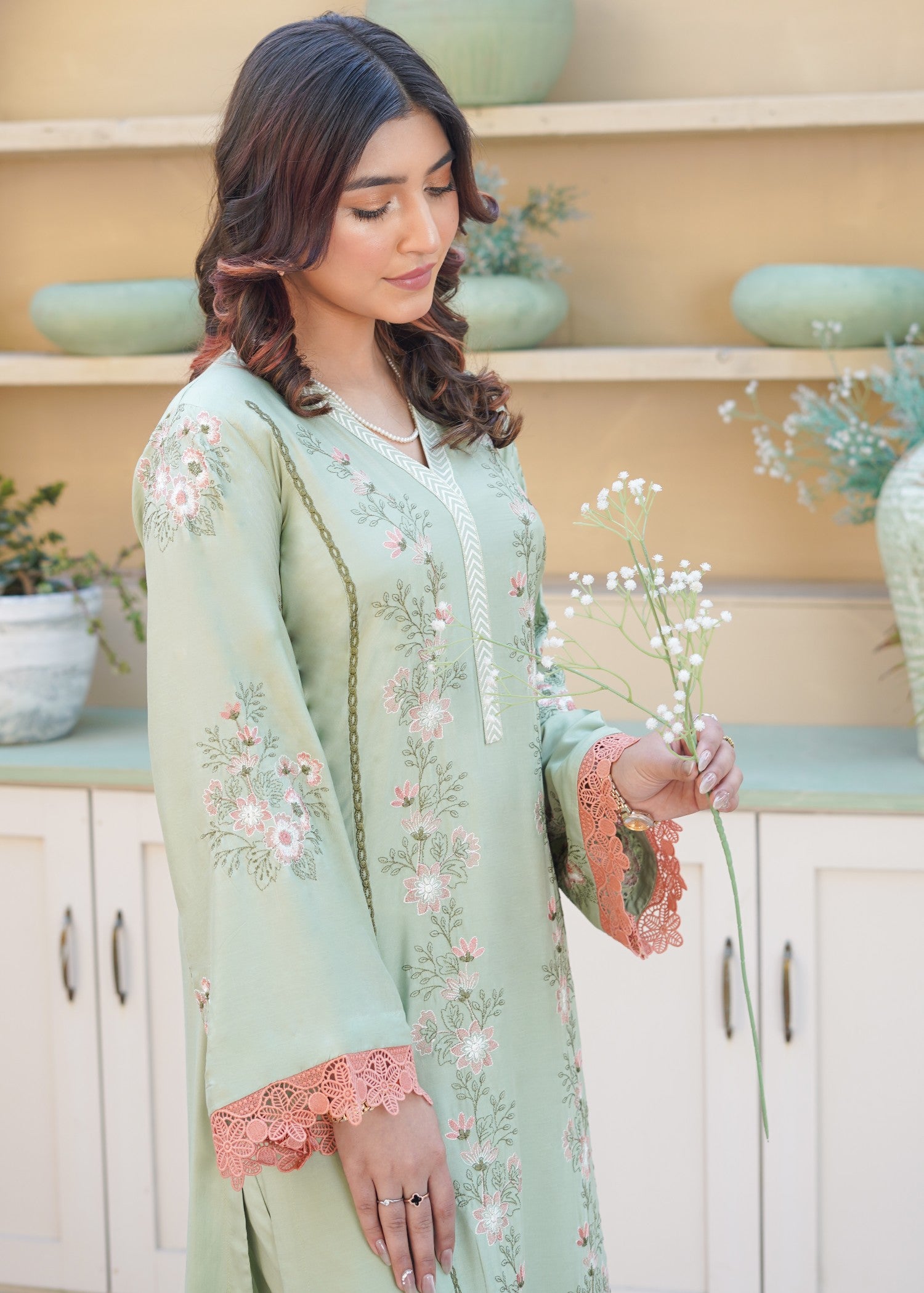 arabic lawn Kurta Set in Tea green