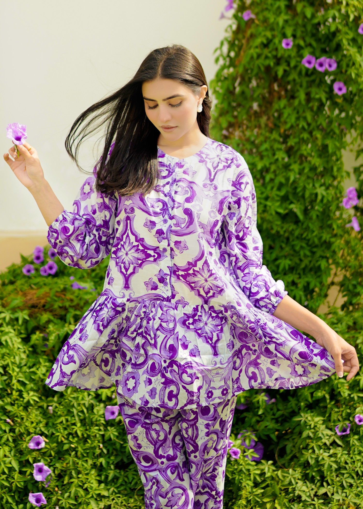 pure cotton Co Ord Sets in White, lilac