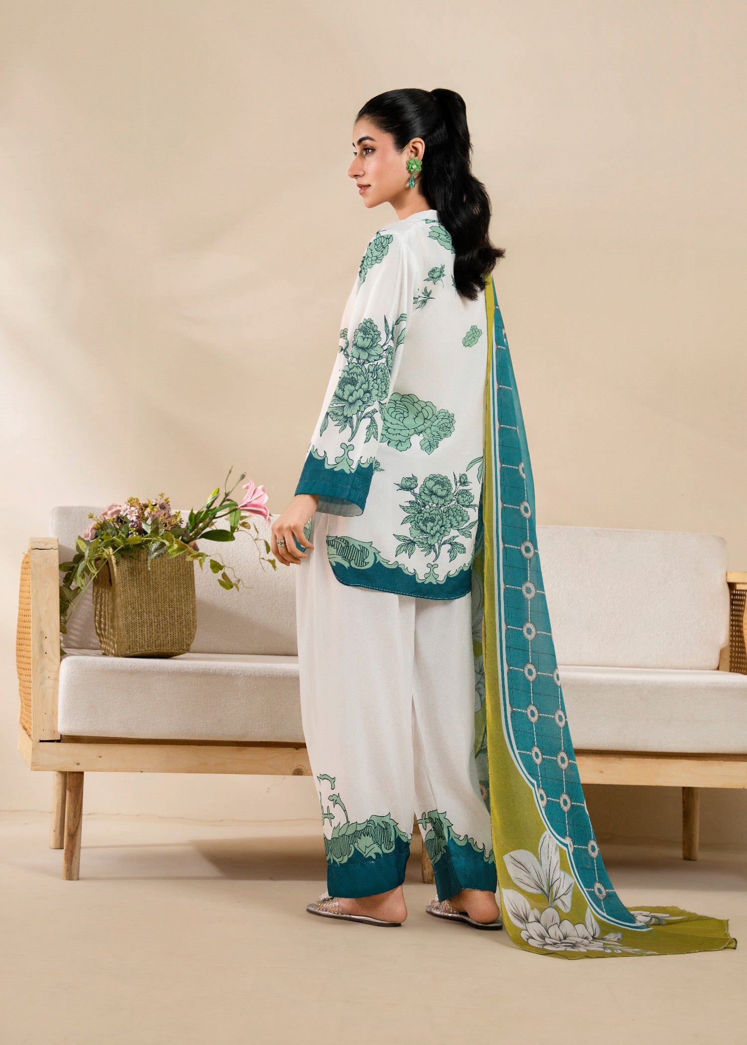poly lawn Kurta Set in White, emerald green