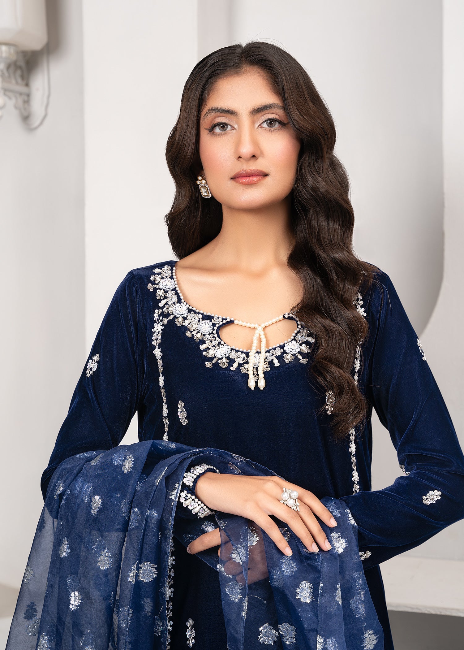 velvet Kurta Set in Blue
