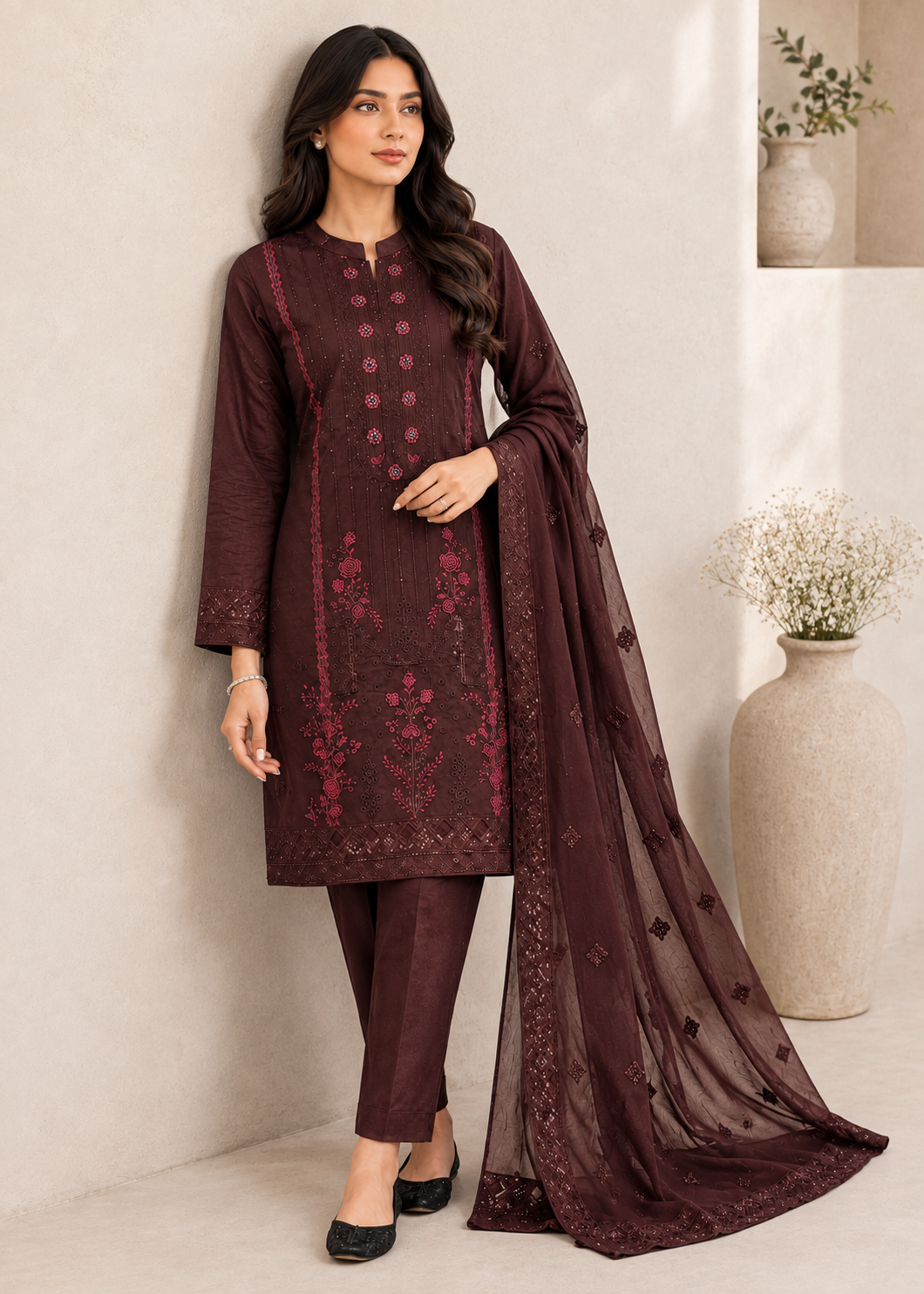 cotton Kurta Set in Dark brown