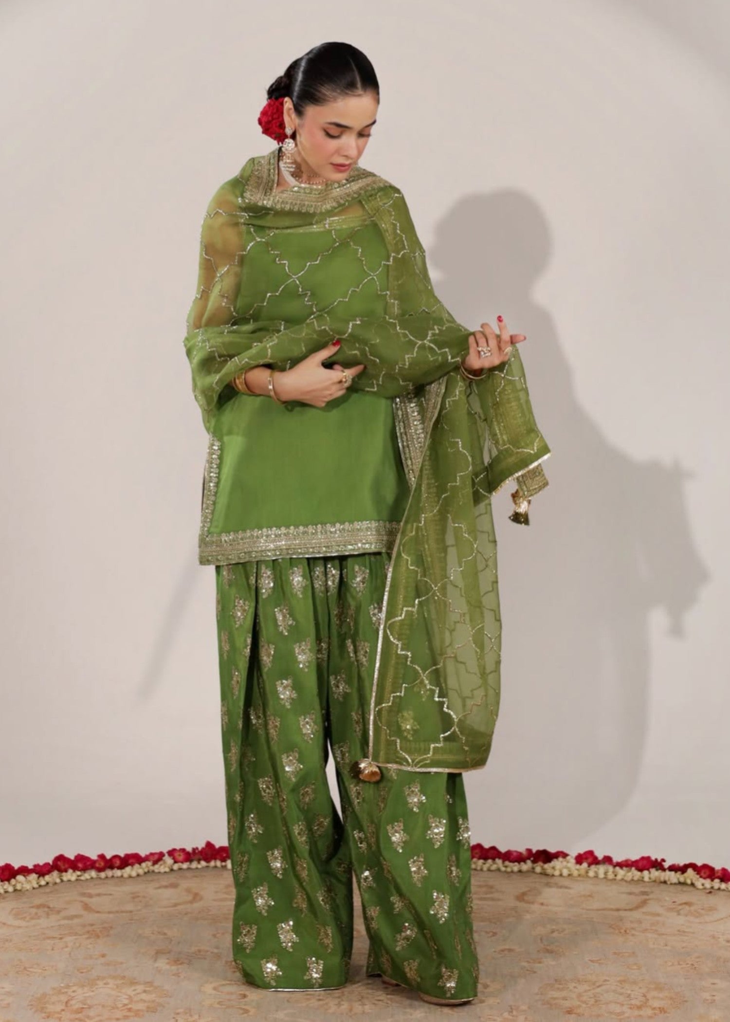 raw silk Kurta Set in Apple green