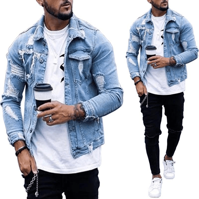 Lapel Men'S Denim Jacket Ripped Irregular Washed Jacket