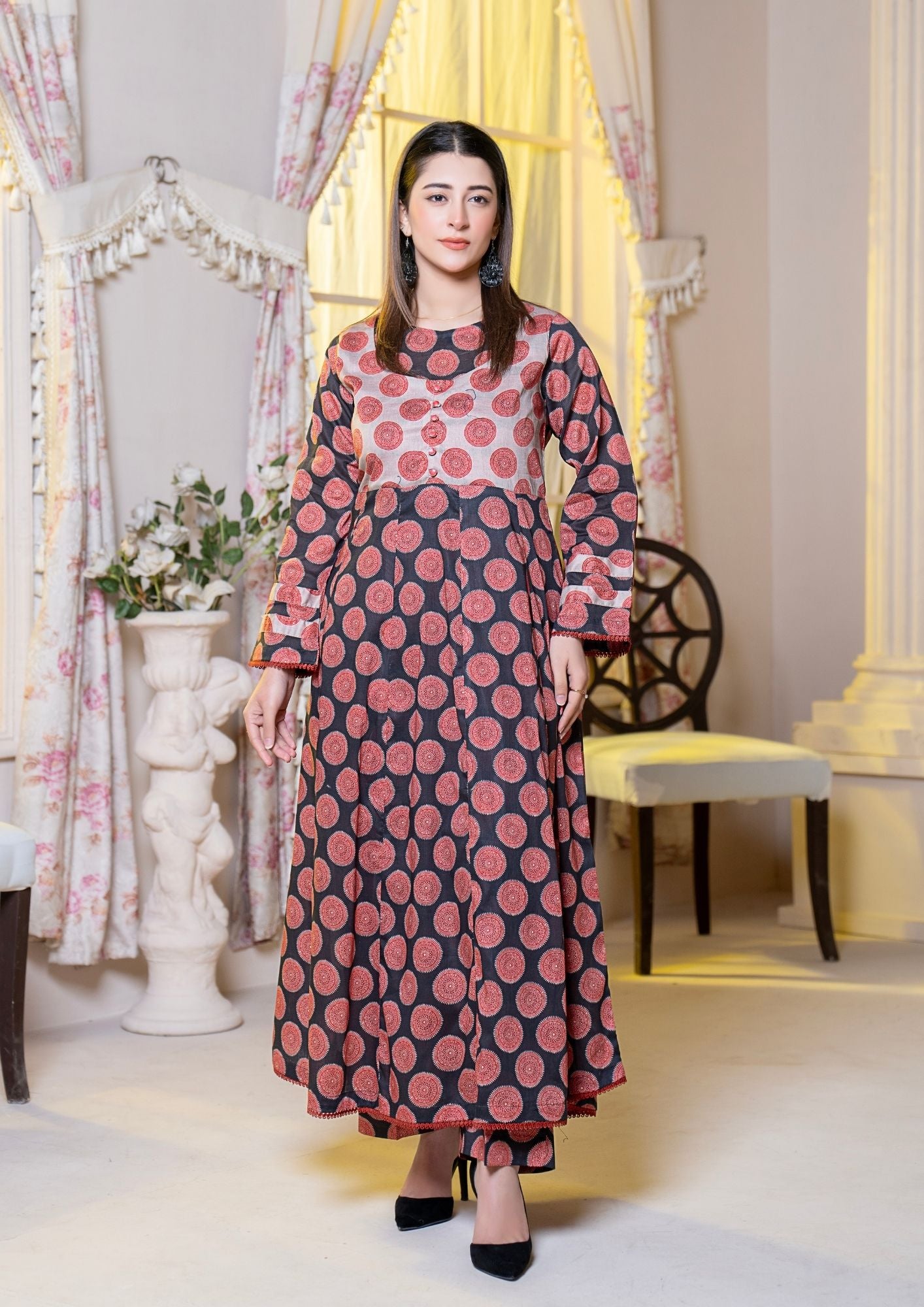 lawn Pishwas in Maroon, black, beige
