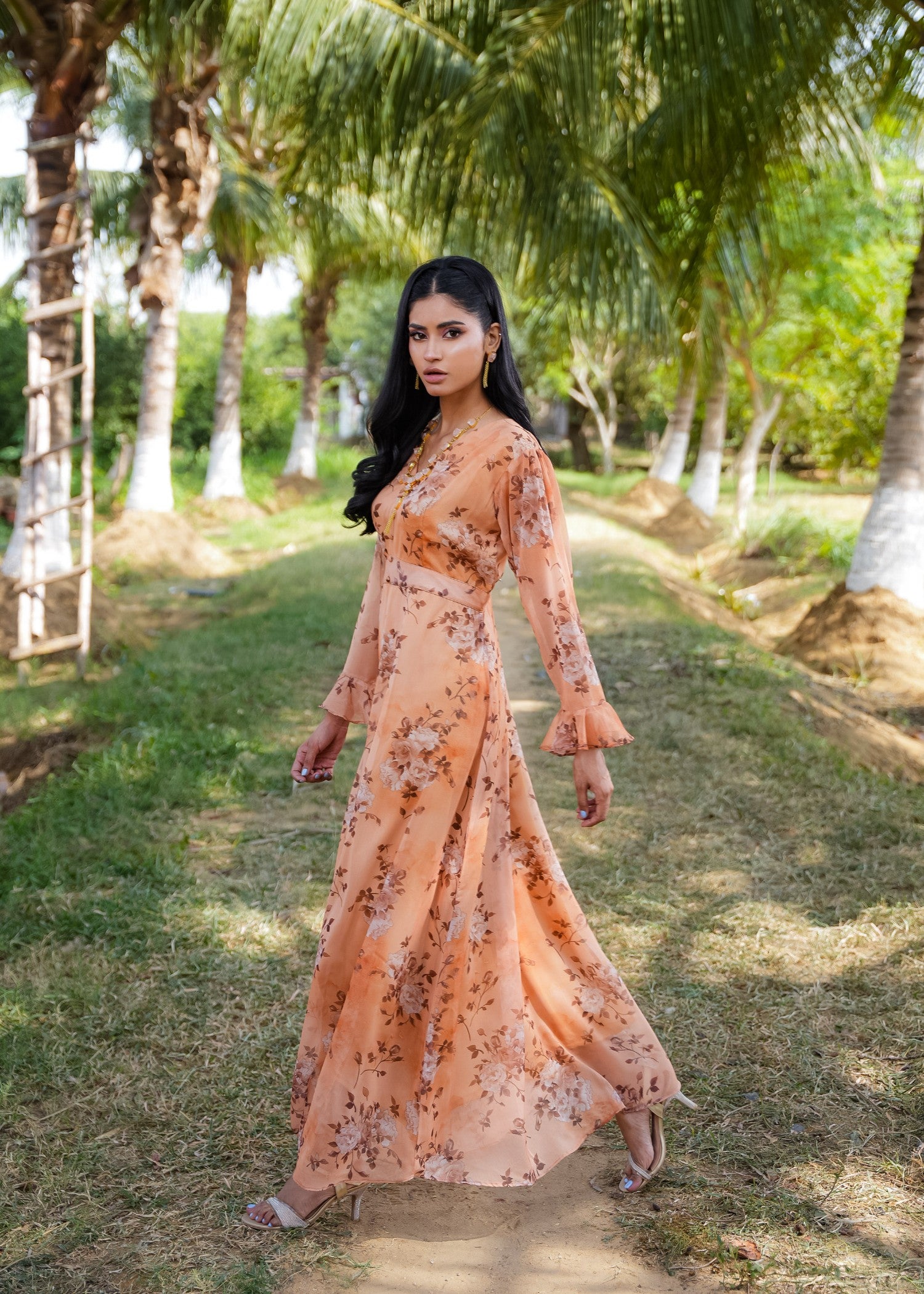silk charmeuse Maxi in Peach orange