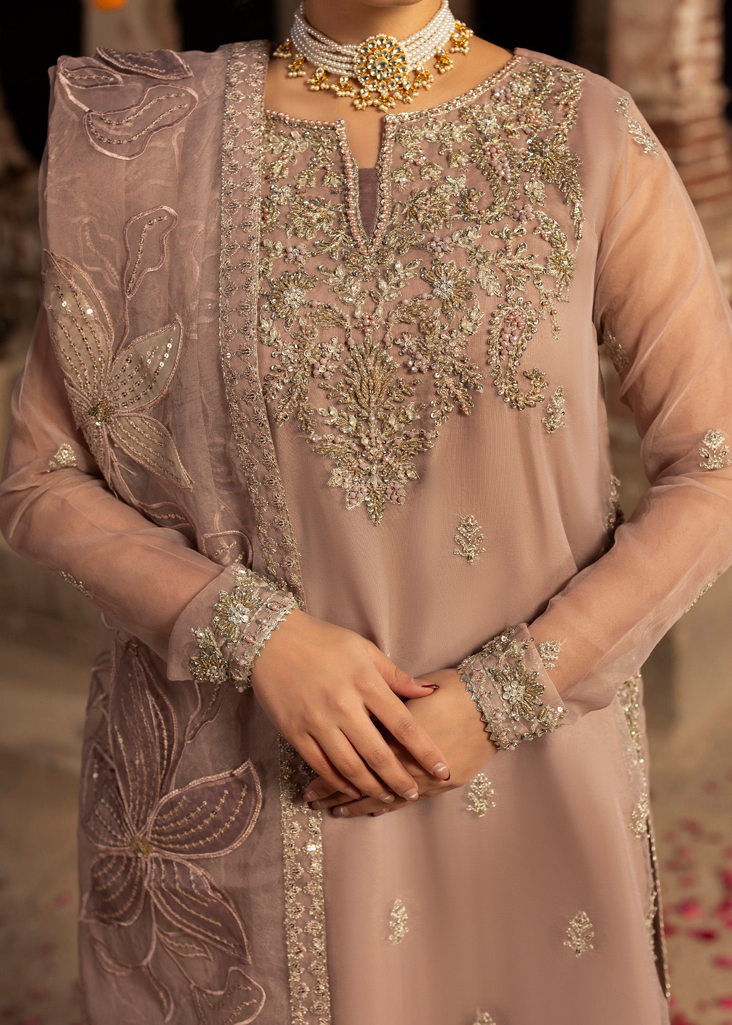 organza Gharara in Tea rose pink