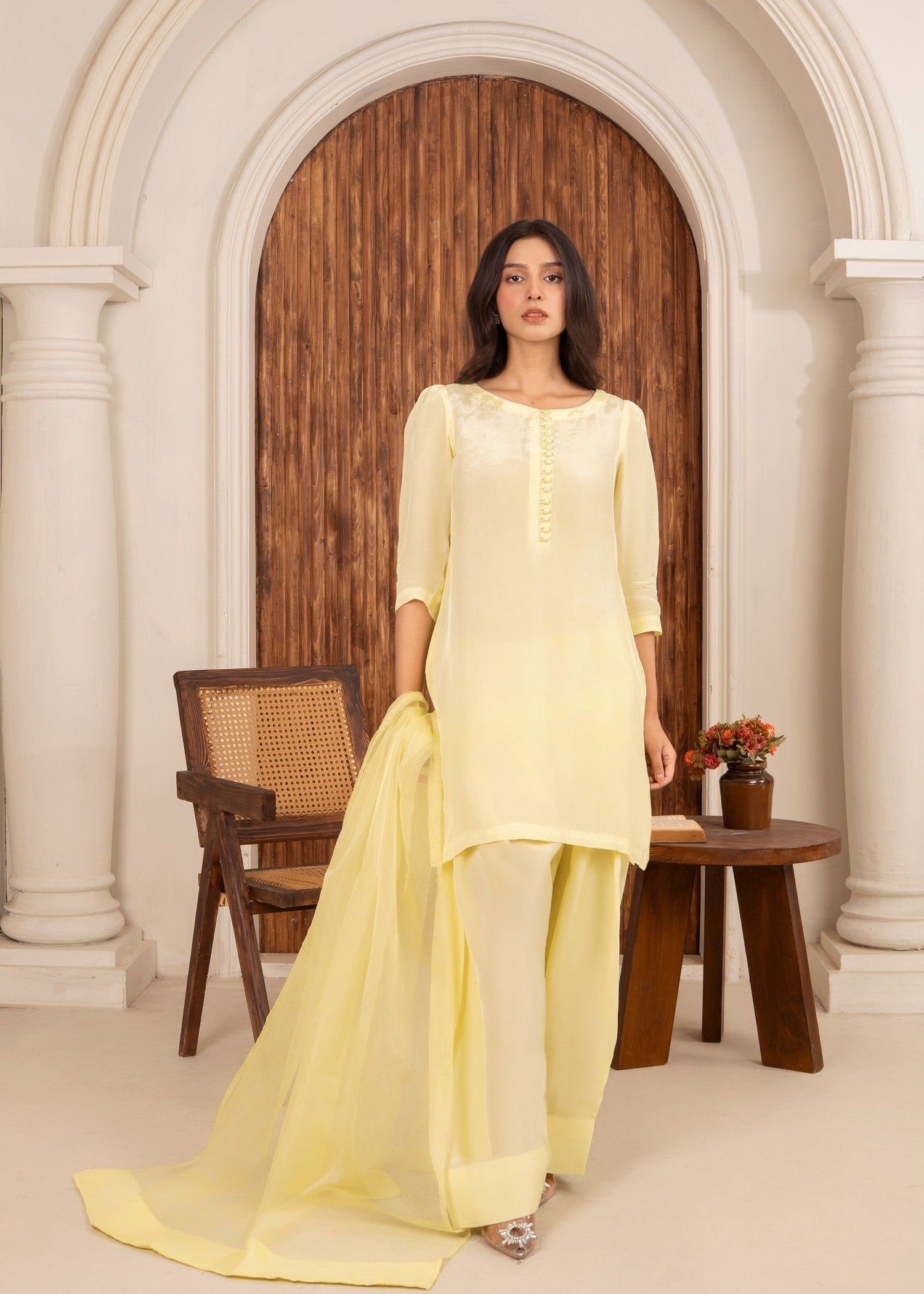 silk Kurta Set in Light yellow