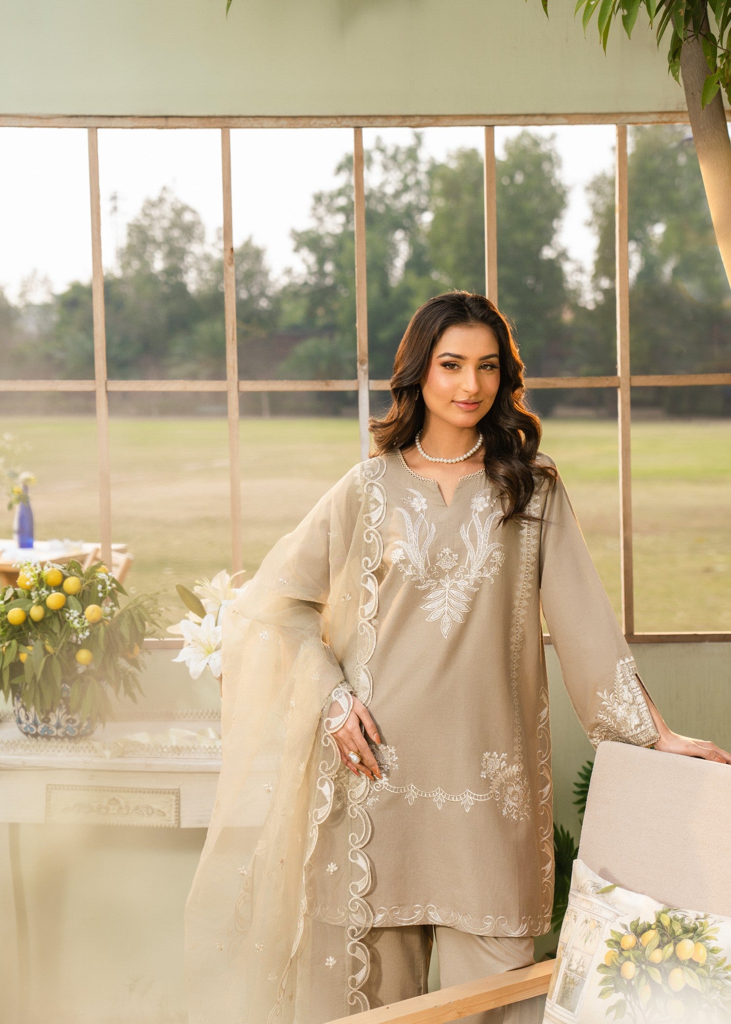 lawn Kurta Set in Khaki brown, seashell