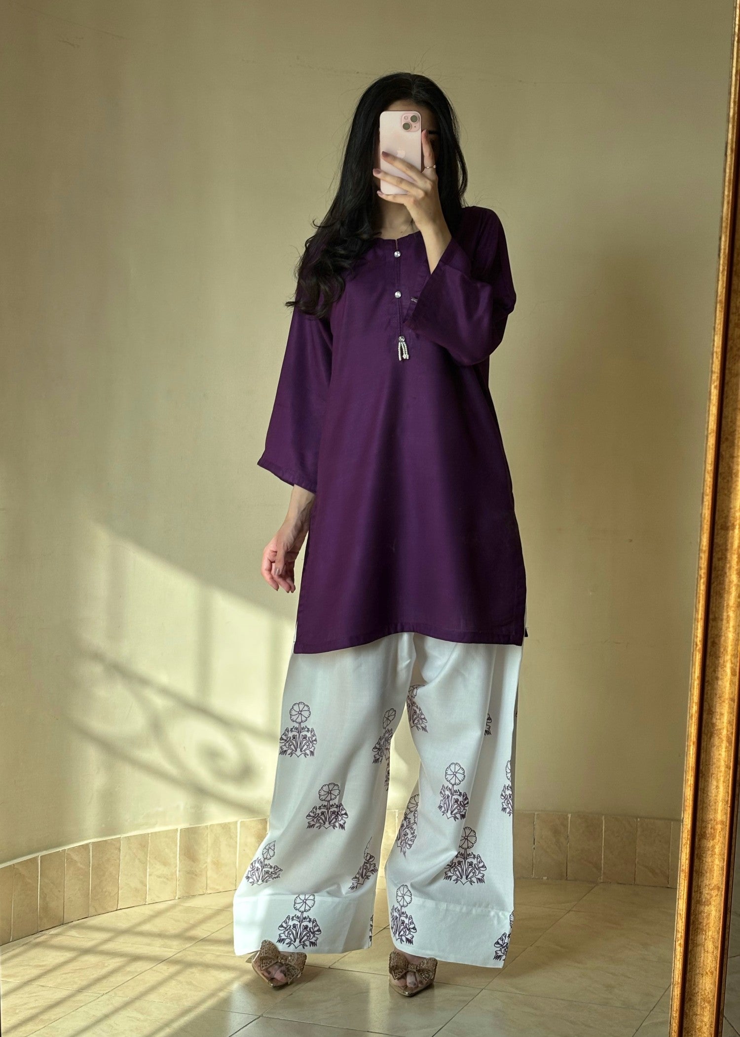 linen Kurta Set in White, purple