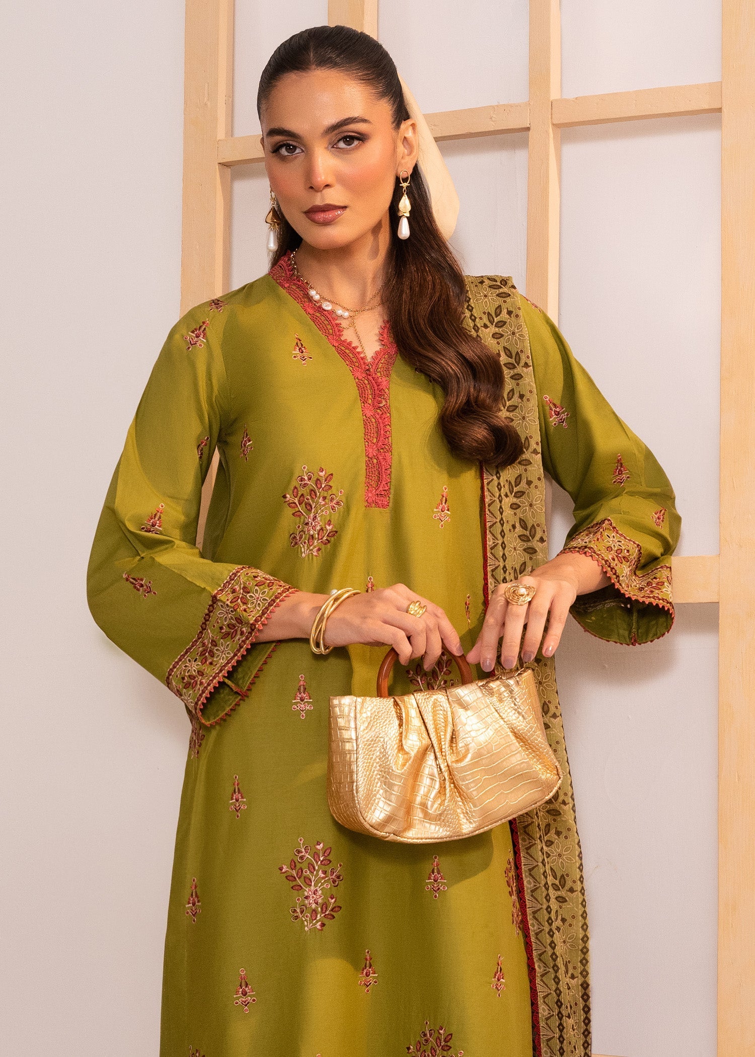 cambric cotton Kurta Set in Olive green
