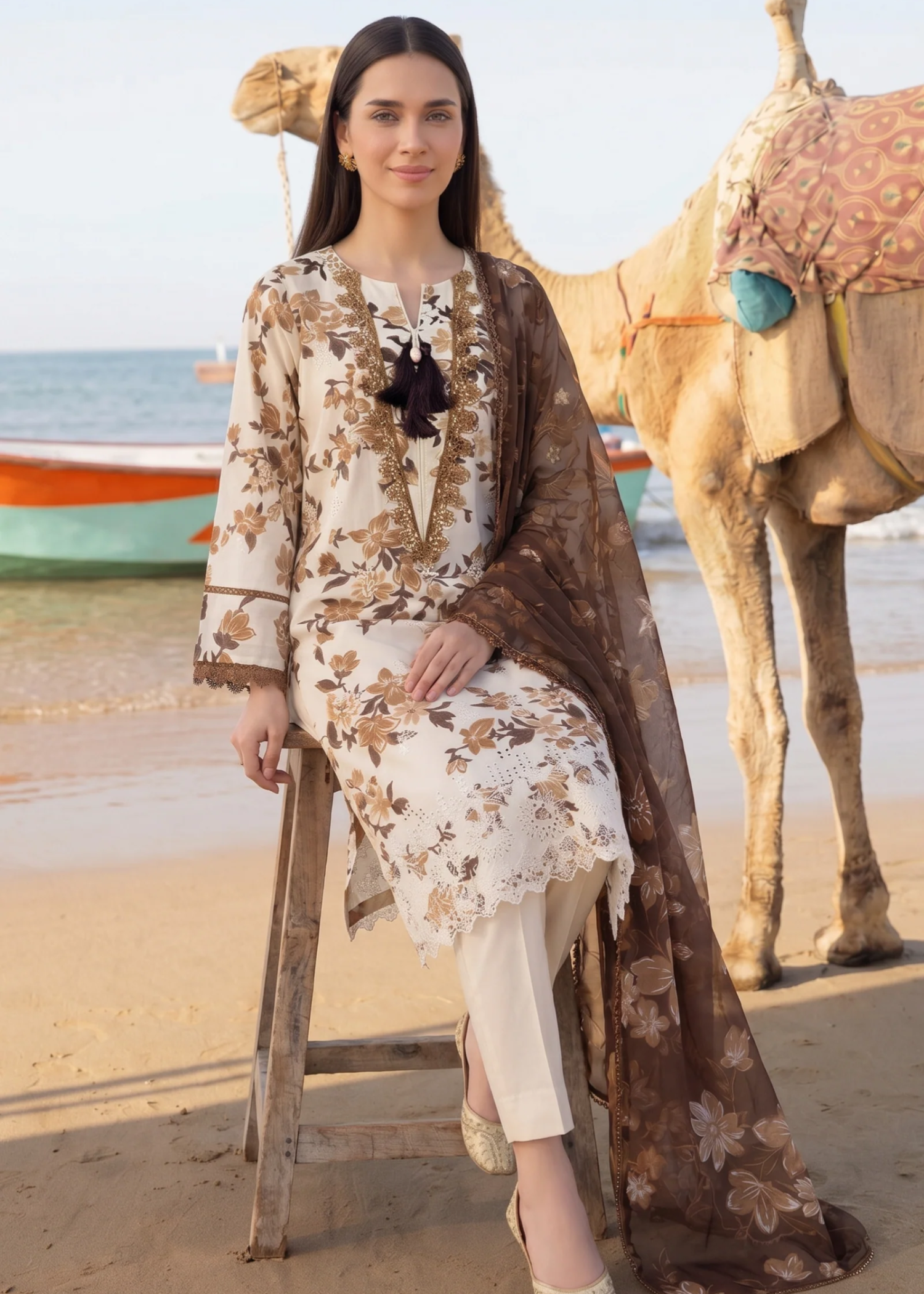 lawn Kurta Set in Off-white, coffee brown