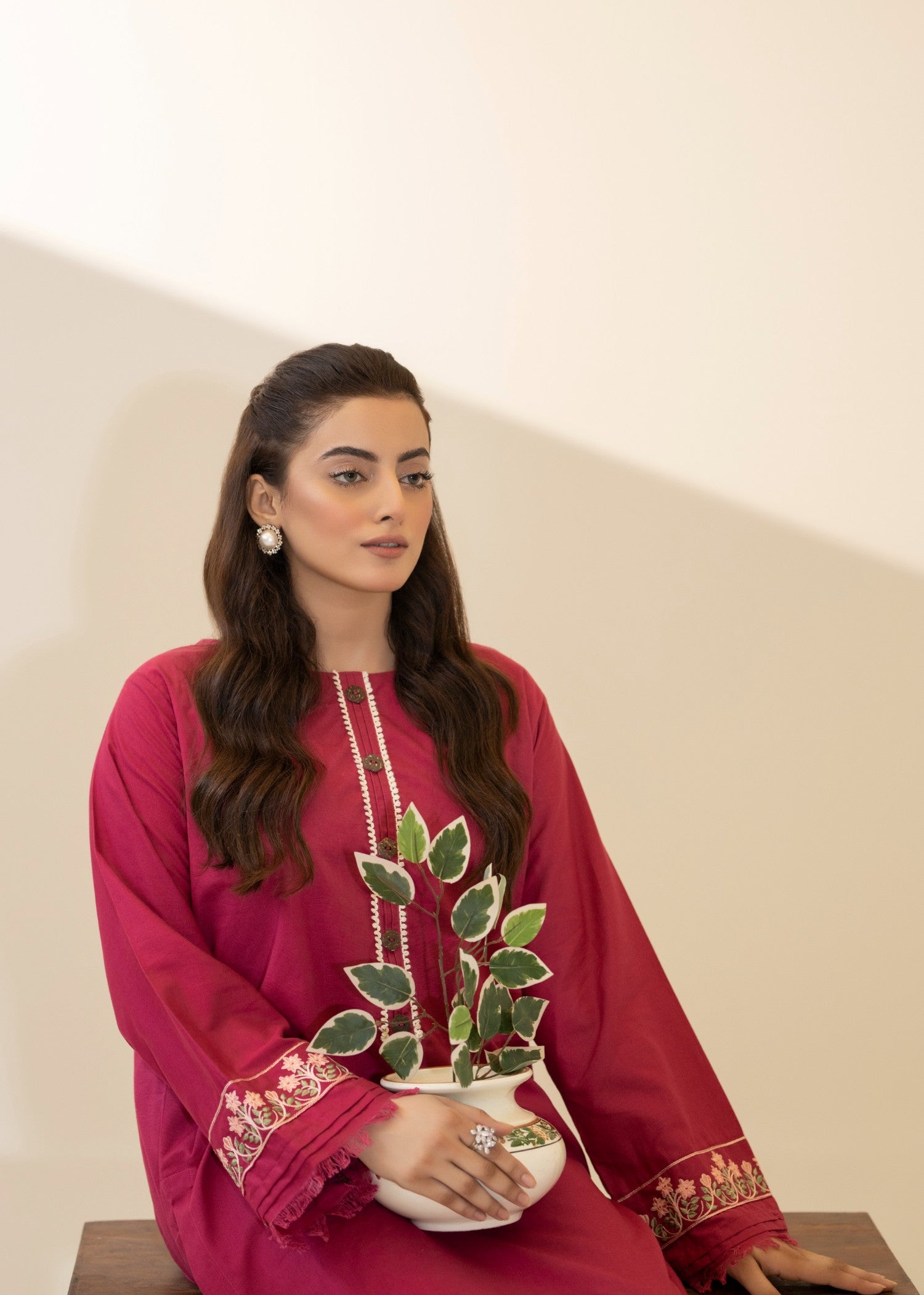 khaddar Kurta Set in Shocking pink