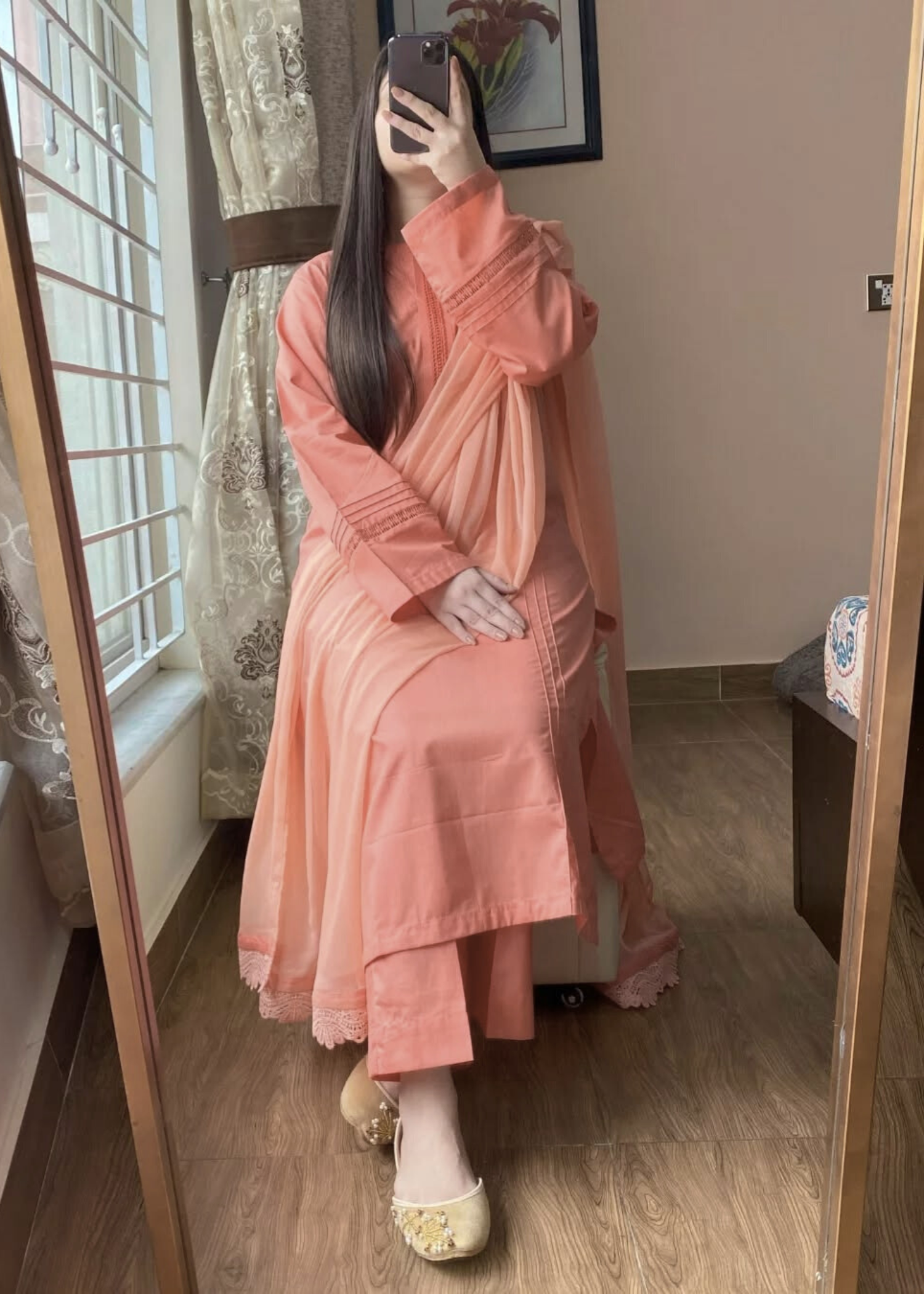 lawn cotton Kurta Set in Peach orange
