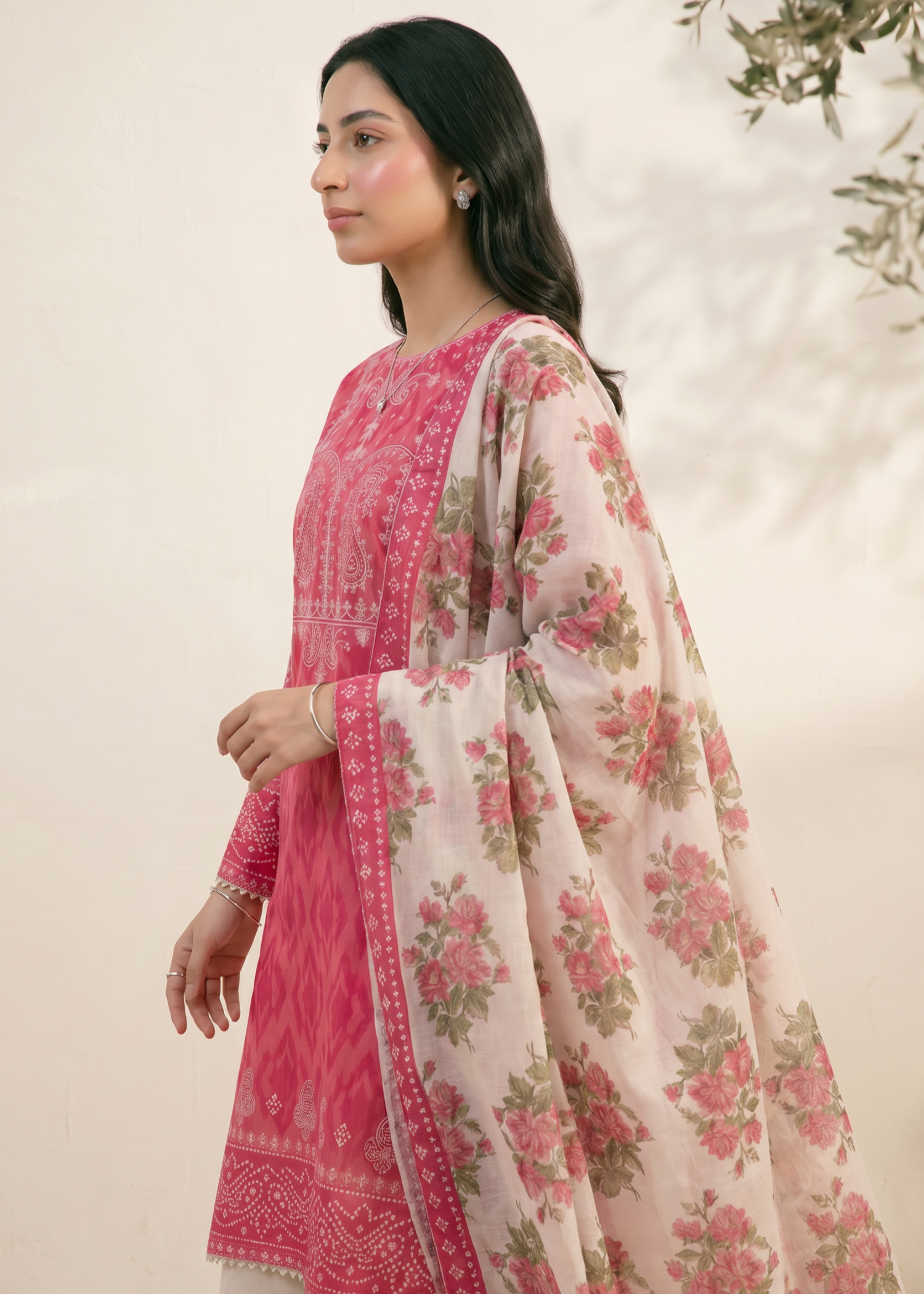 cross hetch Kurta Set in Pink, off-white