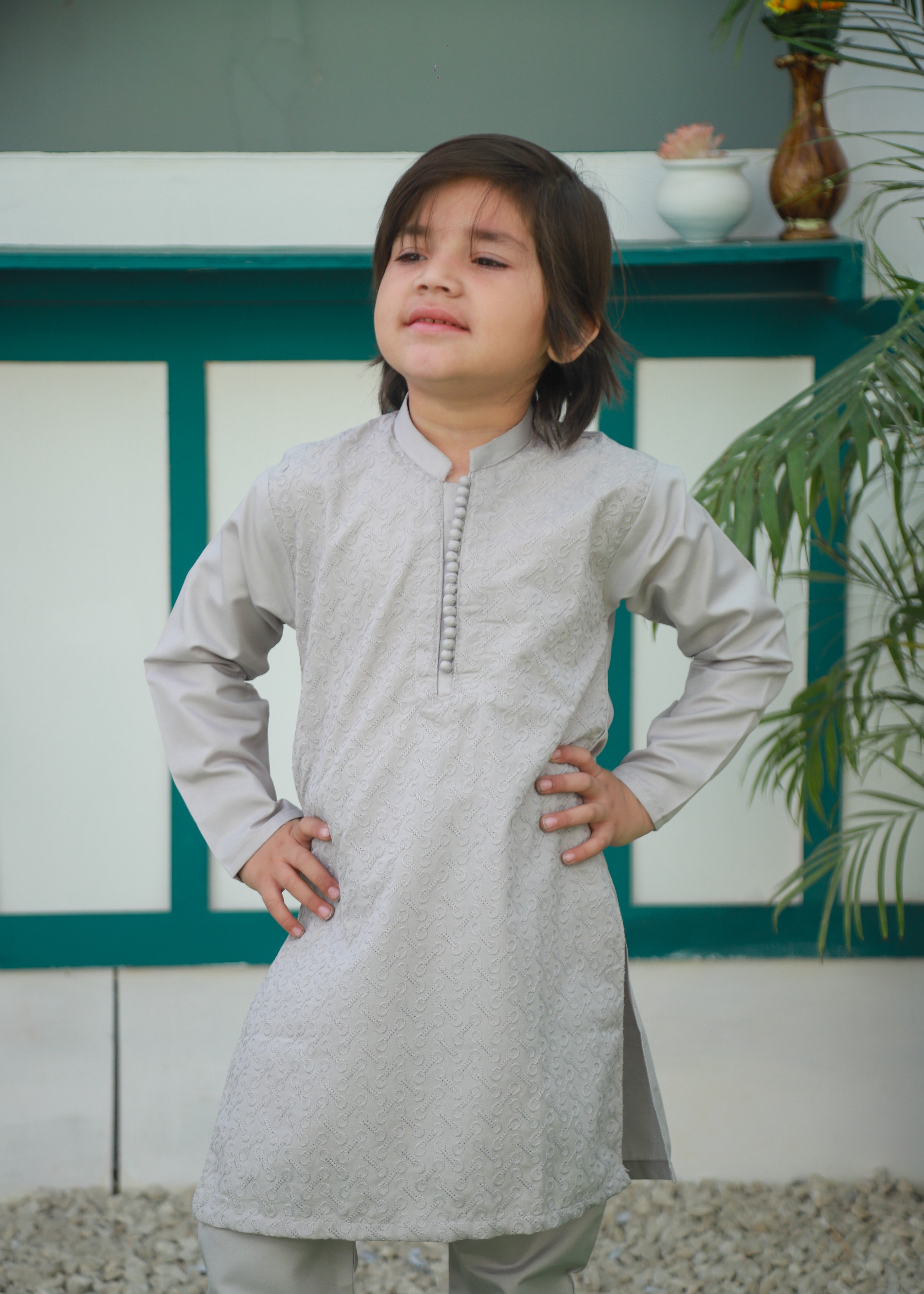 cotton Kurta Set in Pastel grey