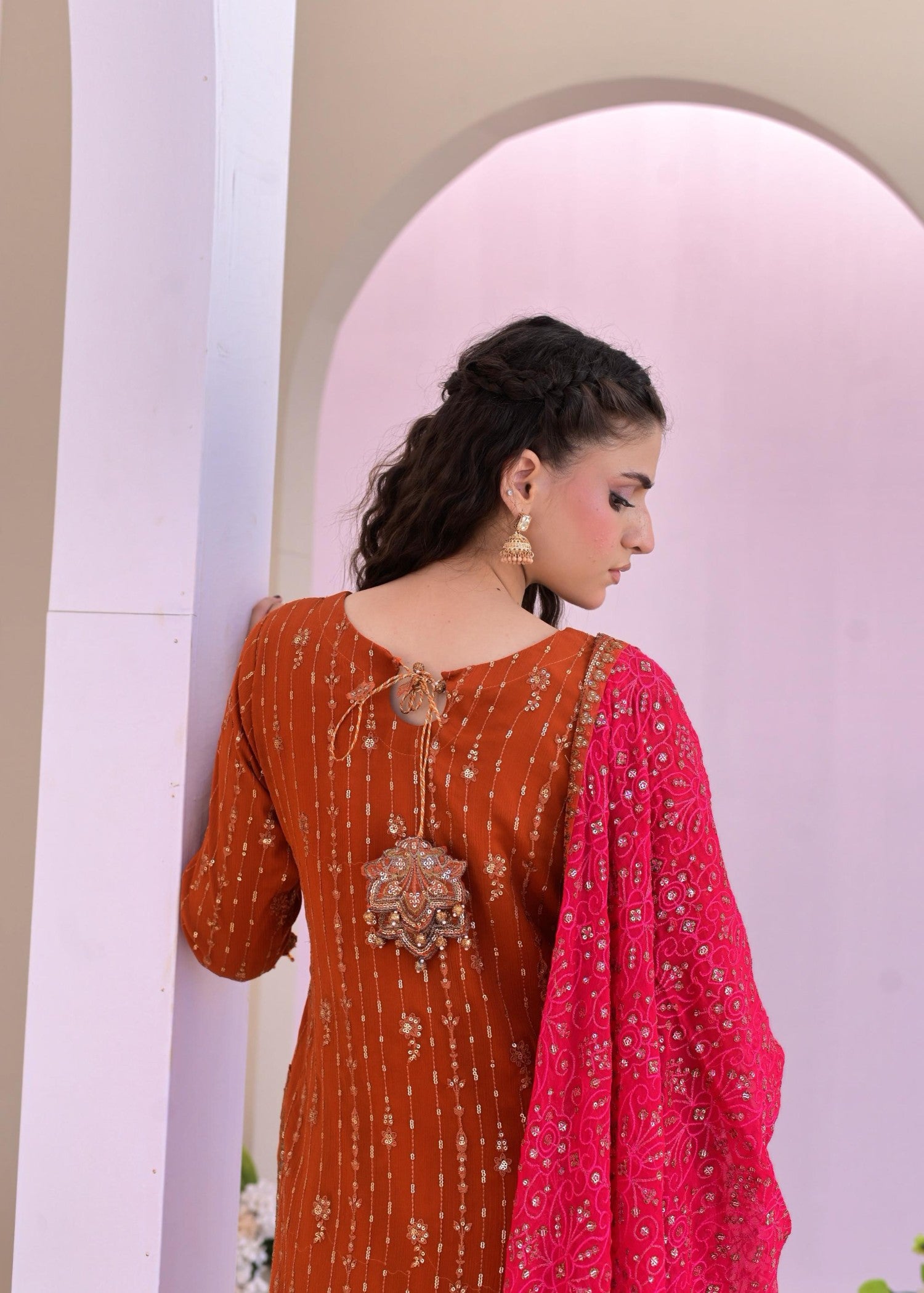 pk chiffon Kurta Set in Rust red