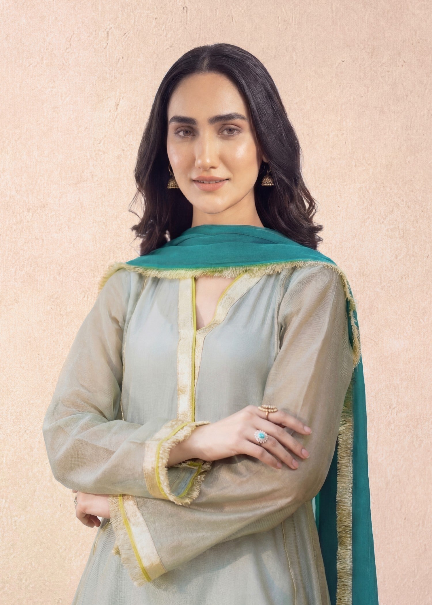 zari net Kurta Set in Aquamarine